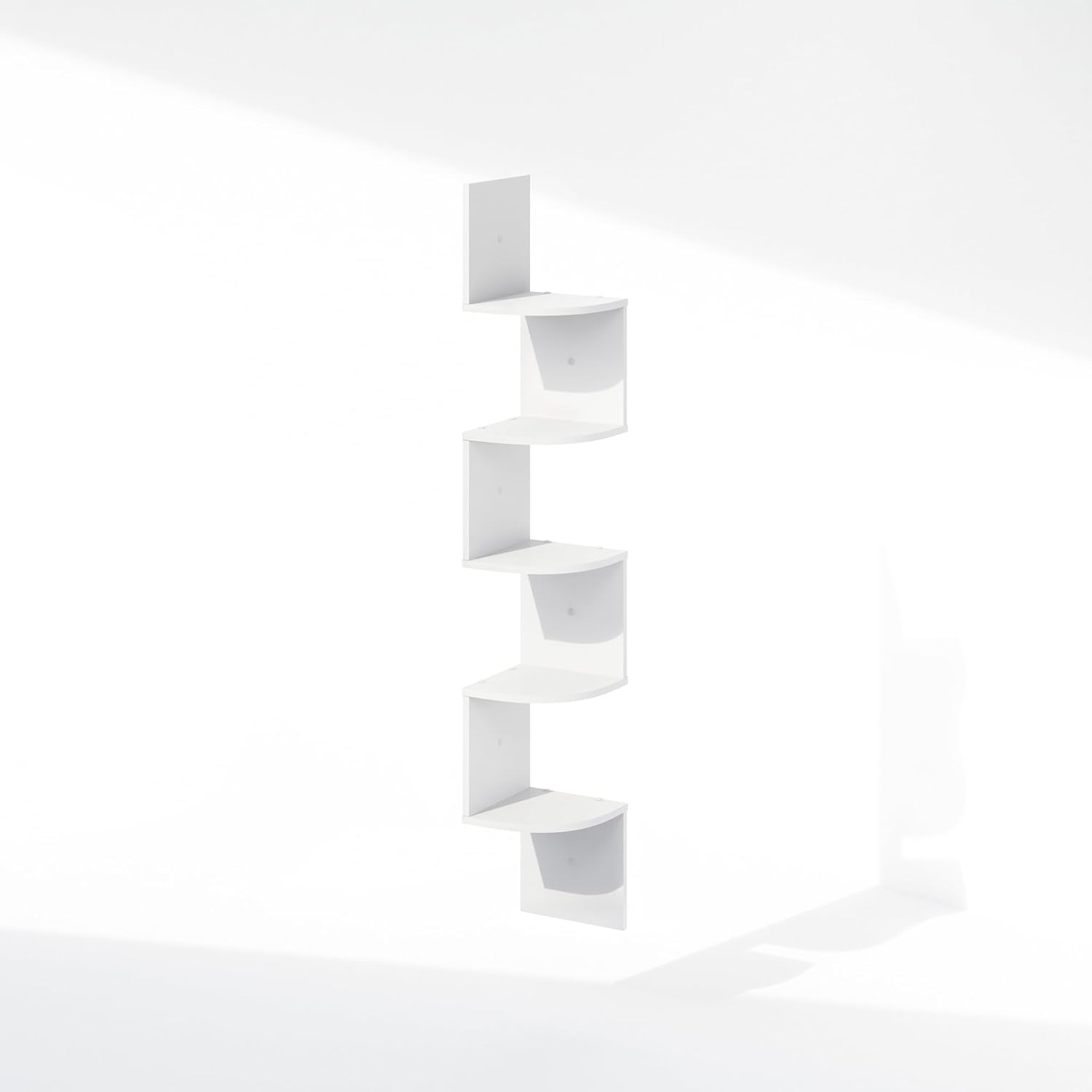 Furinno Rossi 5-Tier Floating Corner Shelf for Wall, Corner Zigzag Shelf Wall Mounted, Radial Wall Mount Shelves, for Home Office, Living Room, Bedroom, Bathroom, White