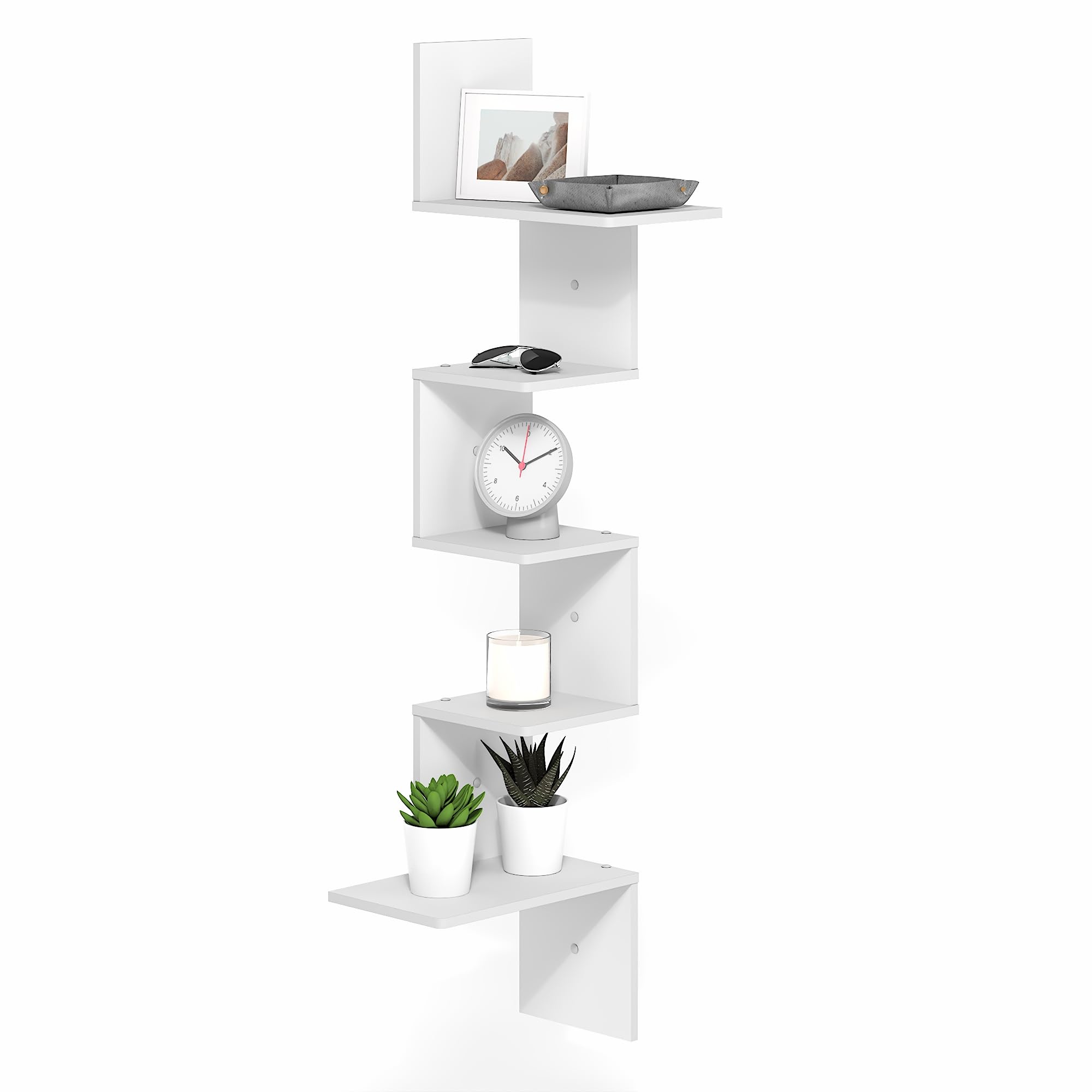 Furinno Rossi 5-Tier Floating Corner Shelf for Wall, Corner Zigzag Shelf Wall Mounted, Radial Wall Mount Shelves, for Home Office, Living Room, Bedroom, Bathroom, White