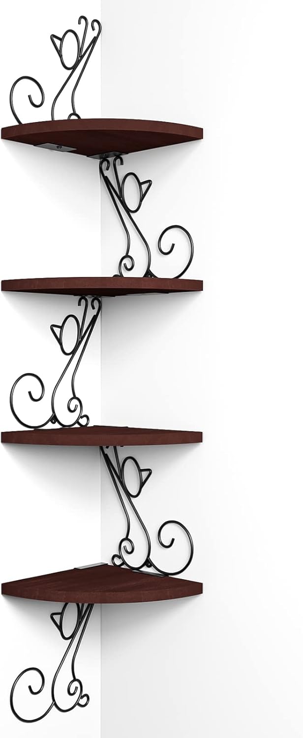 Alsonerbay Corner Shelf Wall Mount, 4 Tier Floating Shelves for Wall, Easy-to-Assemble Wall Shelves Rustic Wood Decor for Bedroom Living Room Bathroom Kitchen Office, Walnut Finish