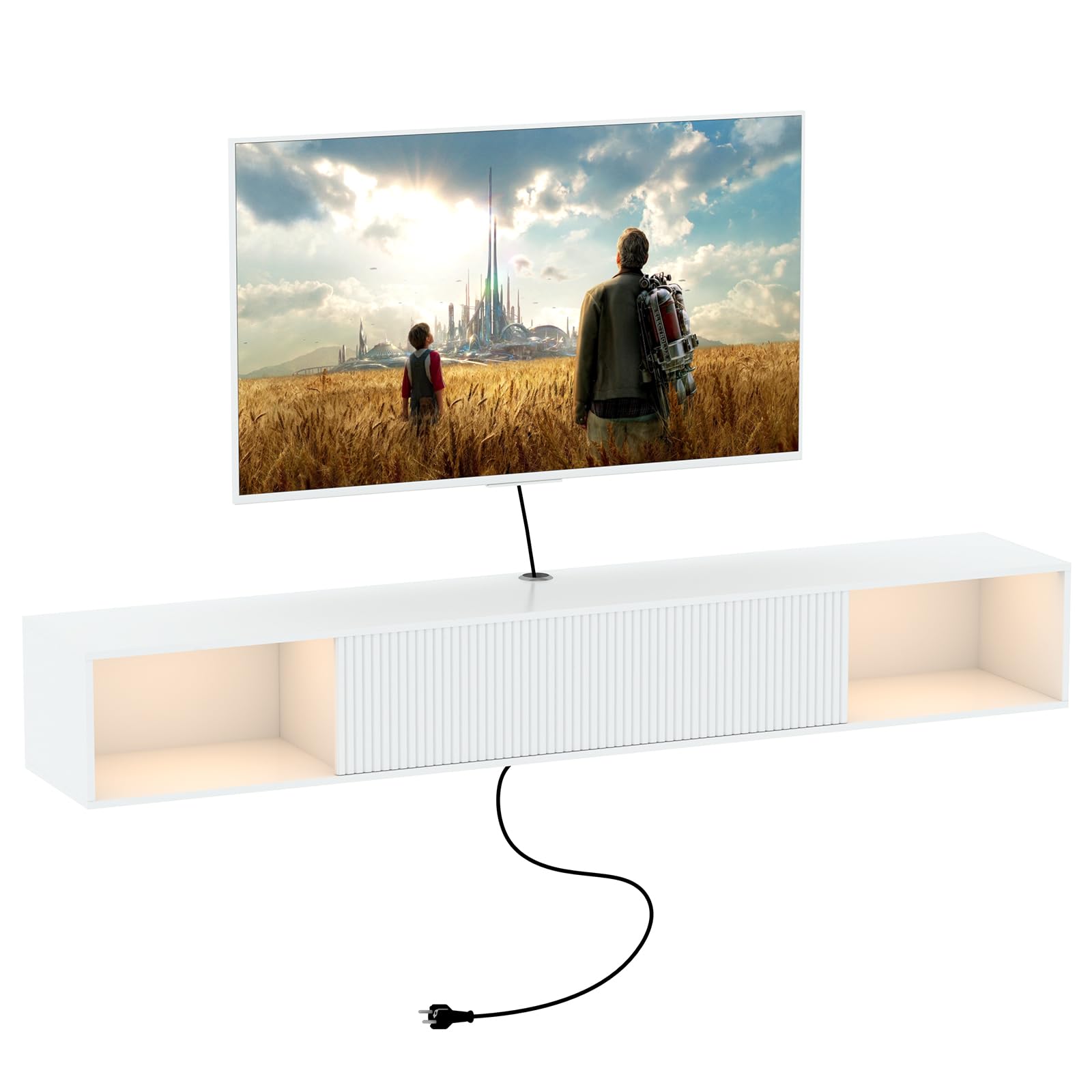 55" Floating TV Stand with LED Light, Floating TV Stand Wall Mounted, Floating Entertainment Center with Storage Long for Bedroom, Wood Floating TV Shelf for Living Room (Black)