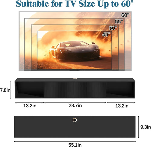 55" Floating TV Stand with LED Light, Floating TV Stand Wall Mounted, Floating Entertainment Center with Storage Long for Bedroom, Wood Floating TV Shelf for Living Room (Black)