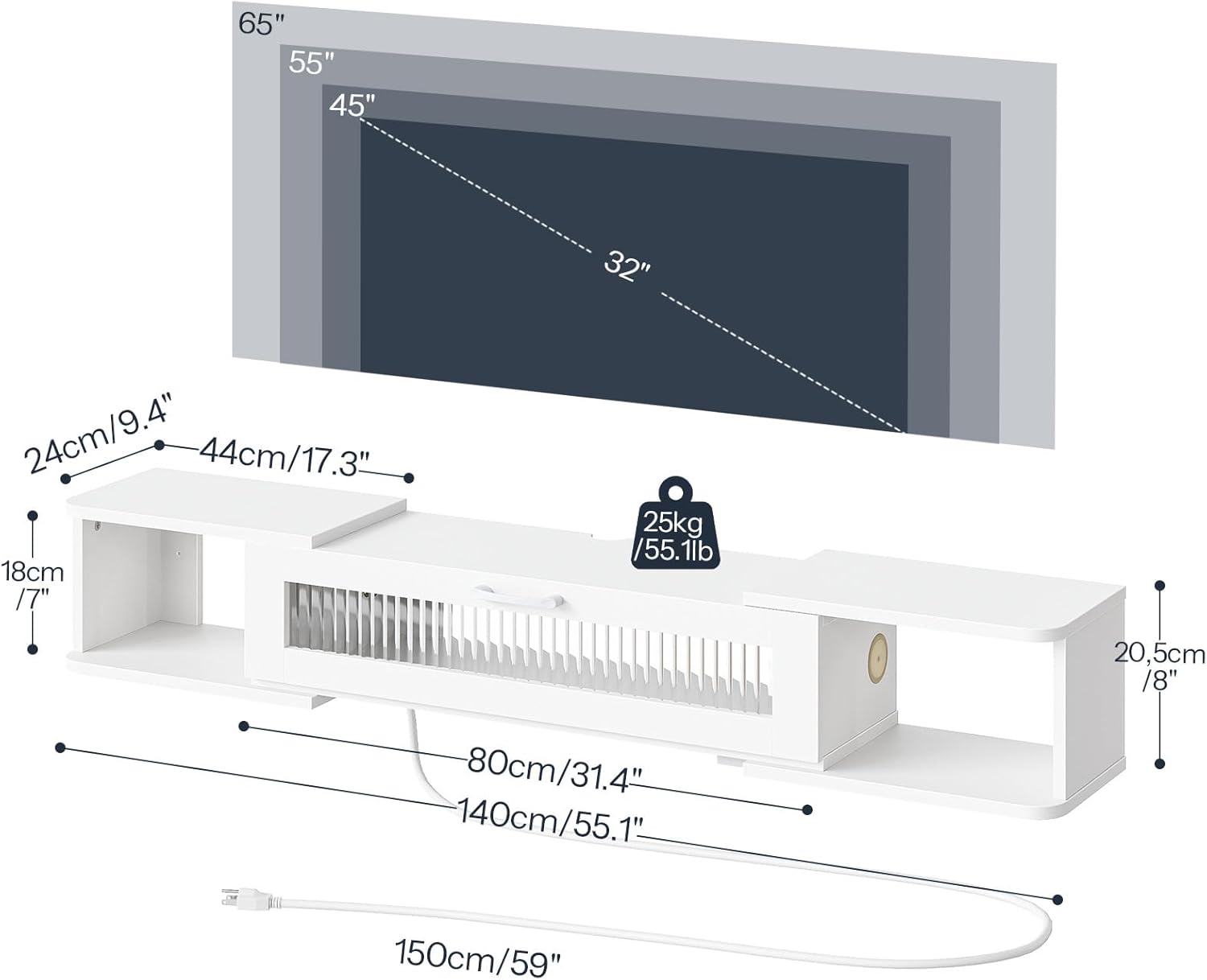HOOBRO Floating TV Stand with LED Light Power Outlet for up to 65”, Wall Mounted TV Shelf, Modern Media Console Entertainment Center, for Living Room Bedroom, White WT34UDDS01G1
