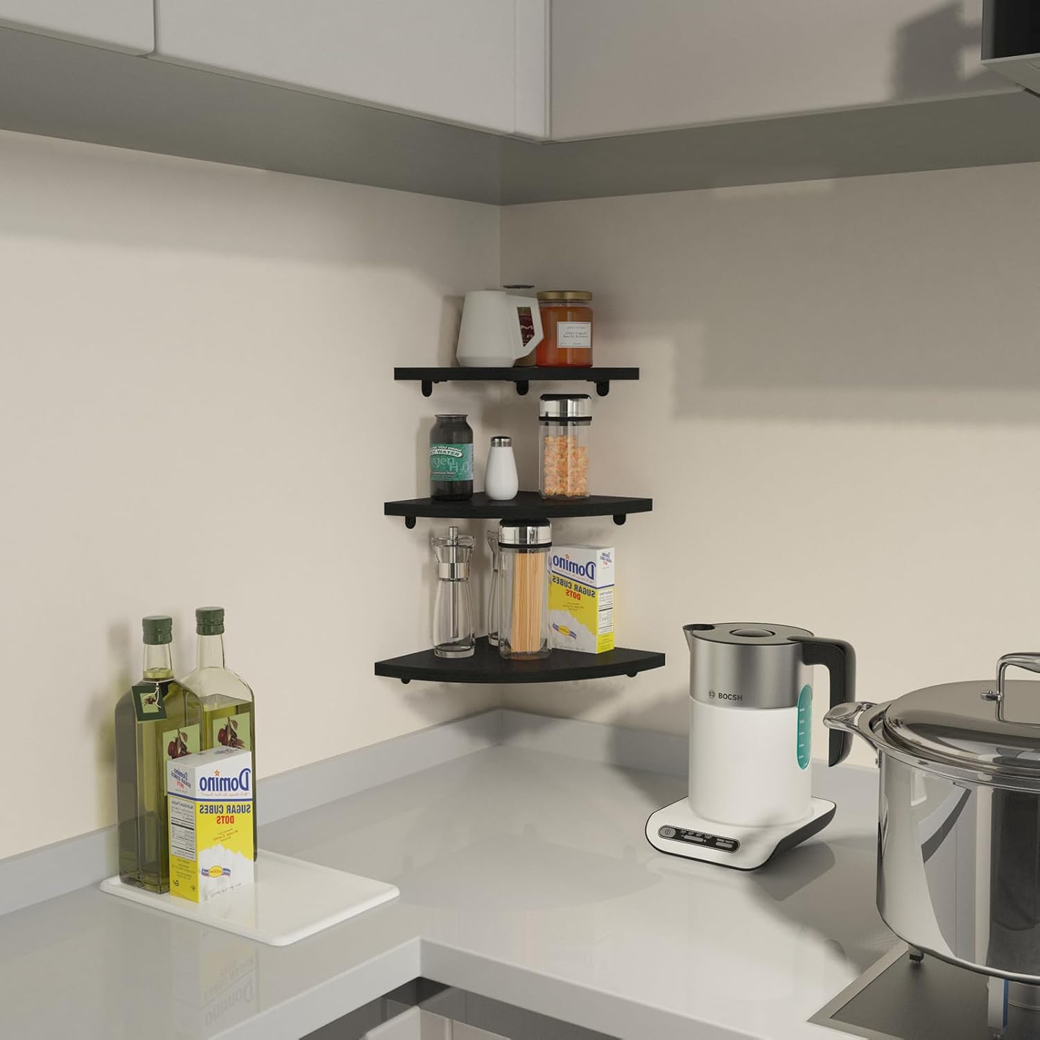 HORLIMER Floating Corner Shelf Wall Mount, Set of 6 Rustic Wood Corner Wall Shelves for Bedroom, Living Room, Bathroom, Kitchen (Black)