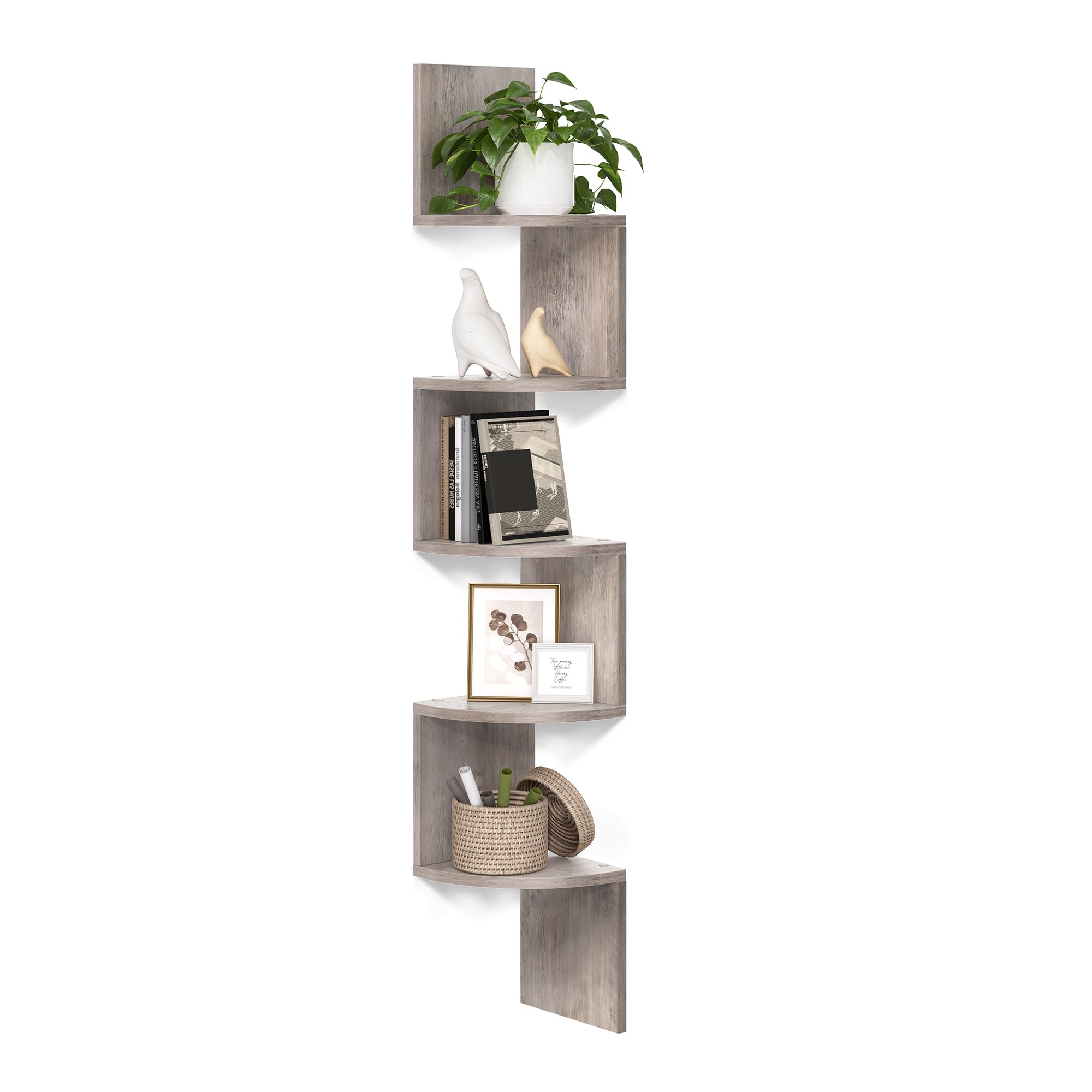 VASAGLE Corner Shelf Wall Mount, 5-Tier Floating Corner Bookshelf, Plant Shelf for Bedroom, Living Room, Bathroom, Home Office, Cloud White