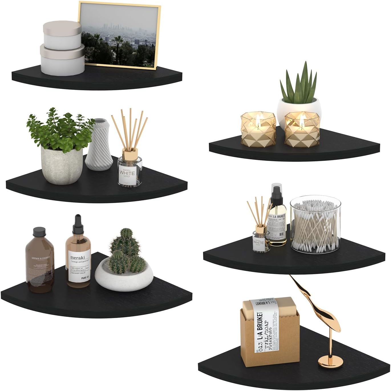 HORLIMER Floating Corner Shelf Wall Mount, Set of 6 Rustic Wood Corner Wall Shelves for Bedroom, Living Room, Bathroom, Kitchen (Black)