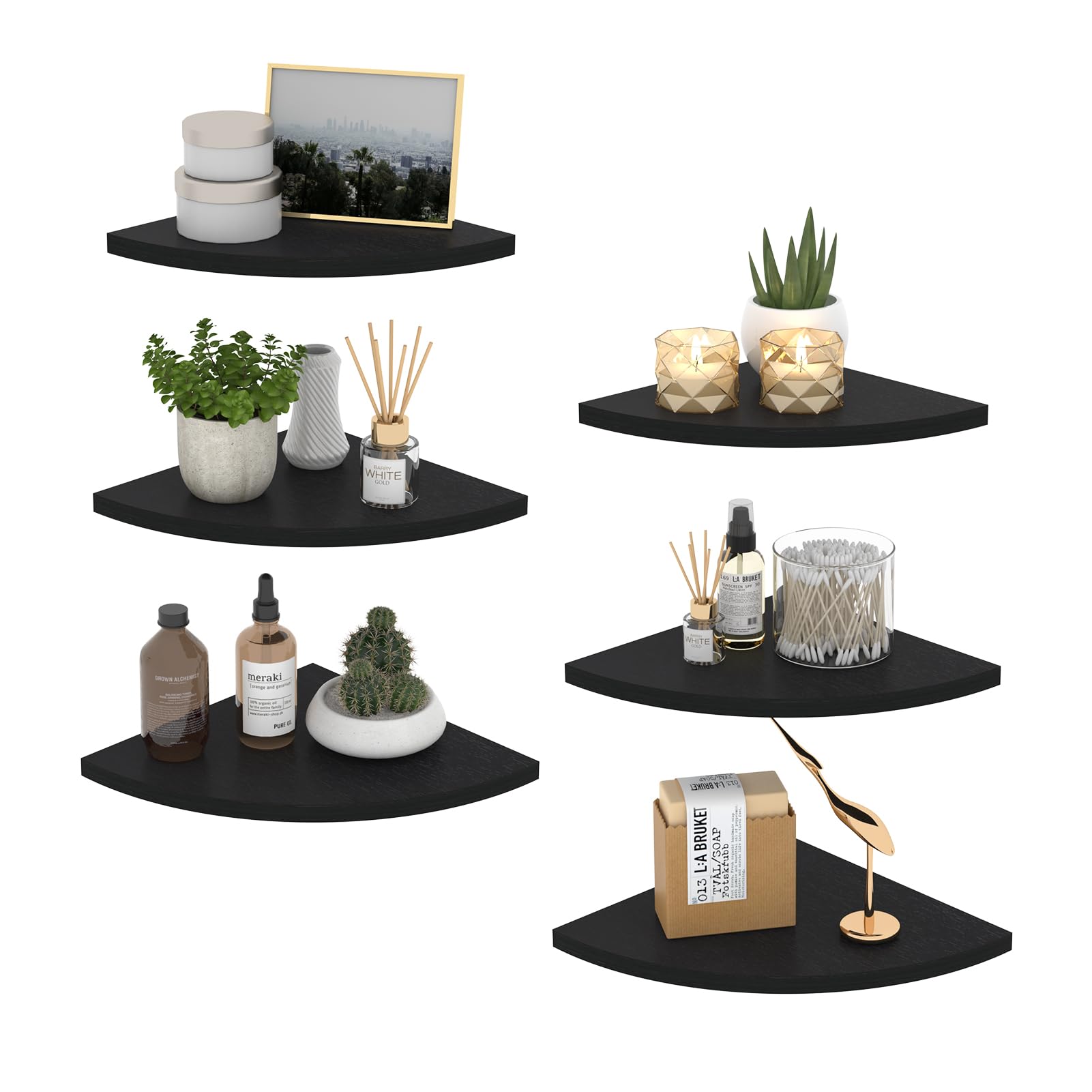 HORLIMER Floating Corner Shelf Wall Mount, 3 Pack Rustic Wood Corner Wall Shelves with Fence for Bedroom, Bathroom, Kitchen, Living Room, Brown