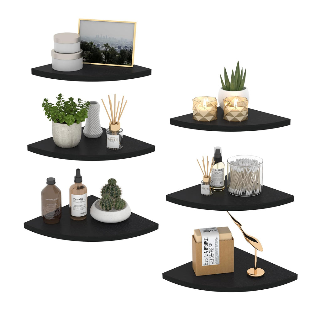 HORLIMER Floating Corner Shelf Wall Mount, Set of 6 Rustic Wood Corner Wall Shelves for Bedroom, Living Room, Bathroom, Kitchen (Black)