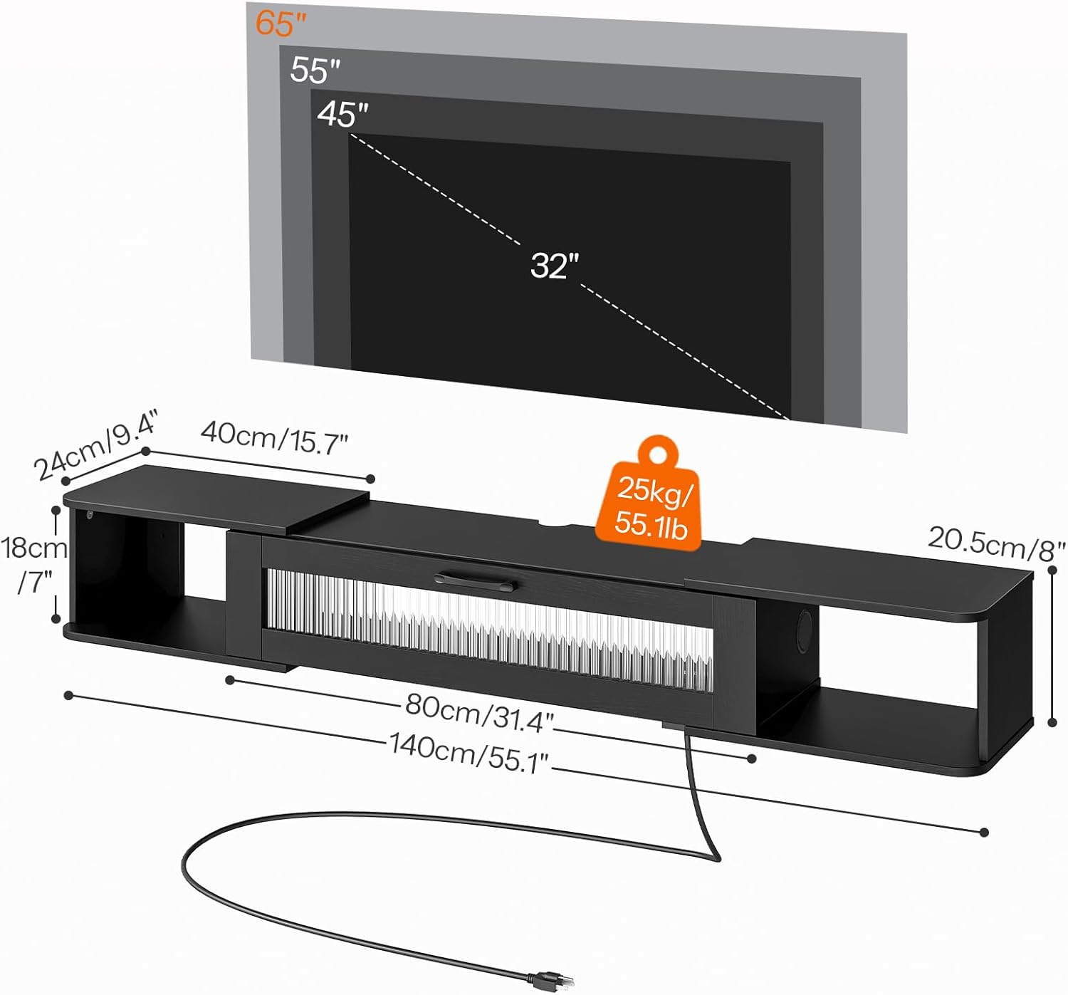 HOOBRO Floating TV Stand with LED Light Power Outlet for TVs up to 65”, Wall Mounted TV Shelf, Modern Media Console Entertainment Center Under TV, for Living Room Bedroom, Black BK34UDDS01G1