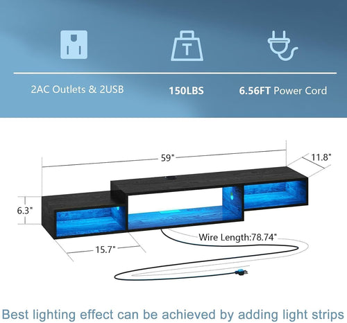 4 EVER WINNER Floating TV Stand with Power Outlet, 59'' Floating TV Shelf with LED Lights and Storage, Floating Entertainment Center Media Console Cabinet for Gaming Box Audio Video, Black