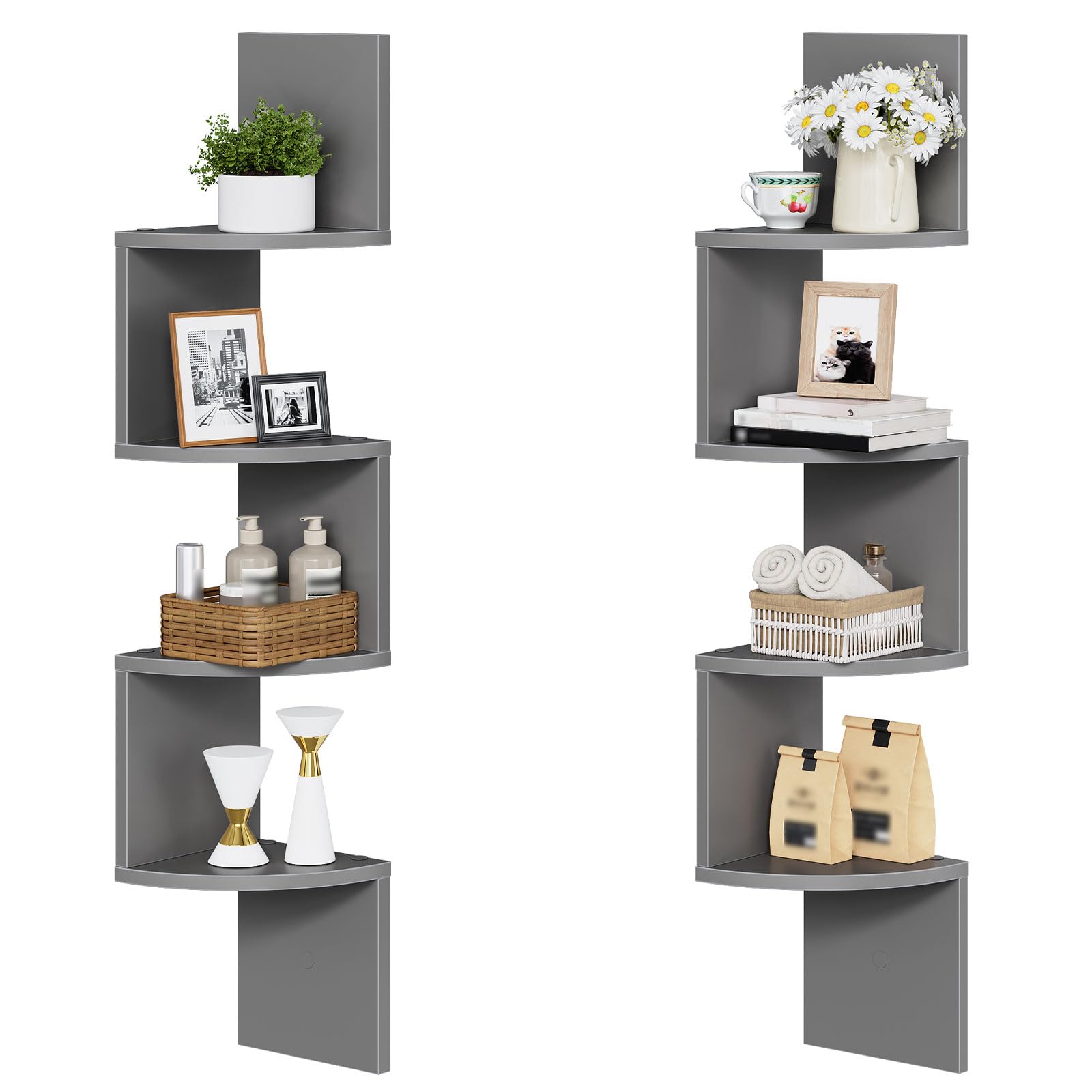 HOOBRO Corner Shelf Wall-Mounted, Set of 2 Floating Corner Shelves for Wall, 4-Tier Corner Bookshelves for Living Room, Bedroom, Bathroom, Home Office, Rustic Brown BF25BJP201