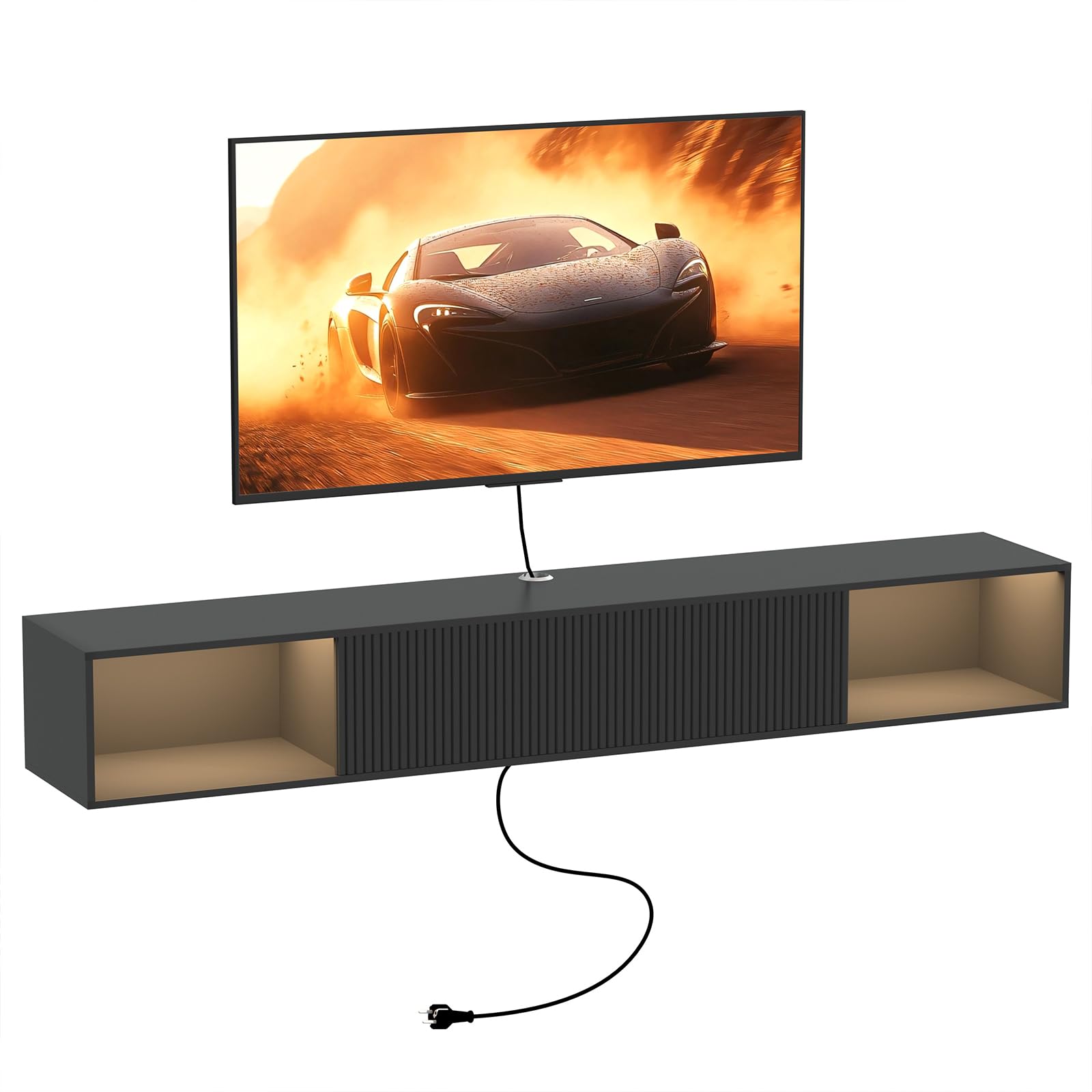 55" Floating TV Stand with LED Light, Floating TV Stand Wall Mounted, Floating Entertainment Center with Storage Long for Bedroom, Wood Floating TV Shelf for Living Room (Black)