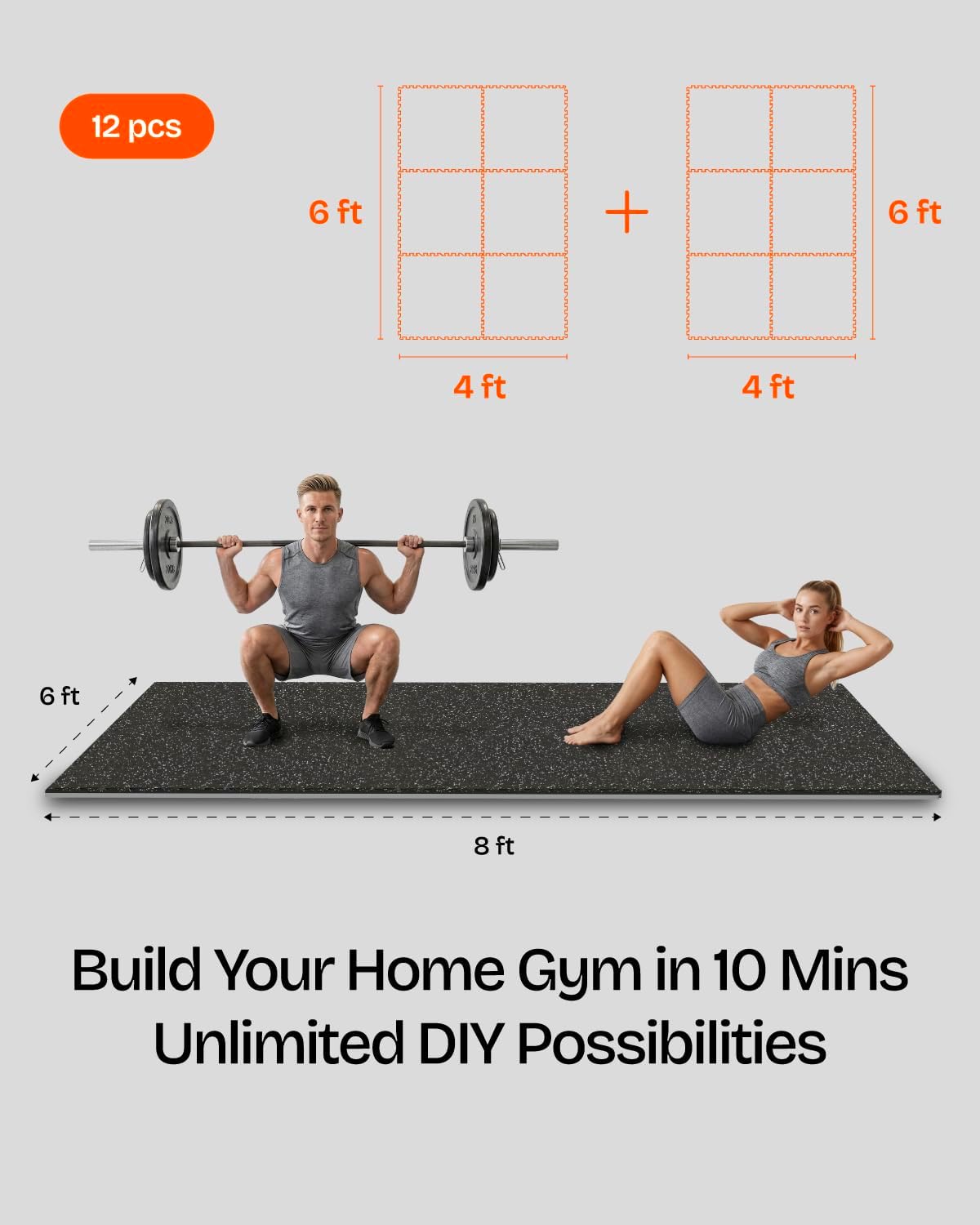 0.56 Inch Thick 48 Sq Ft Gym Flooring for Home Gym, 12 Tiles Robust Rubber Top with Eva Foam Exercise Equipment Mats, Protective Flooring Puzzle Mat for Fitness Room