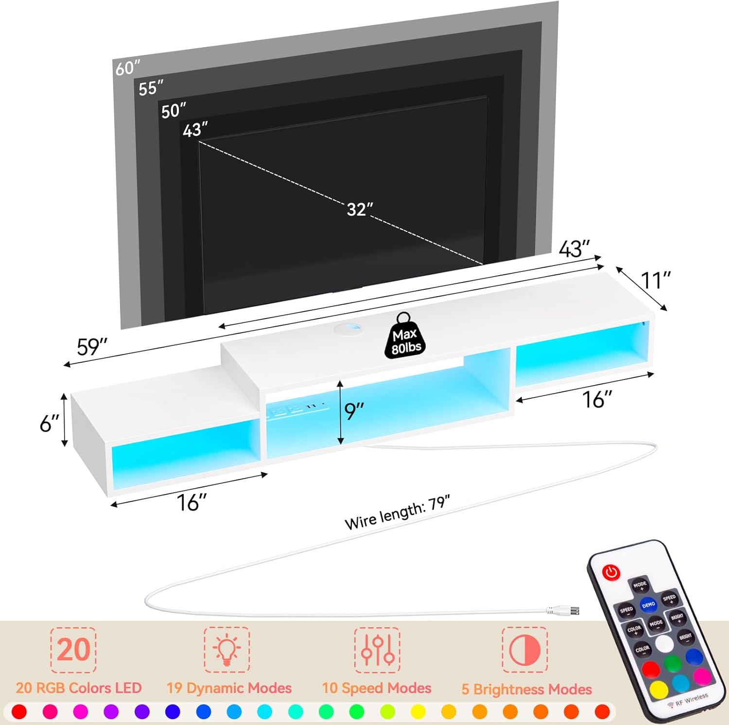 FABATO 59'' Floating TV Stand with LED Light Power Outlet, Floating Shelf for Under TV Wall Mount with Storage Shelf, Media Console Entertainment Center for Living Room, White
