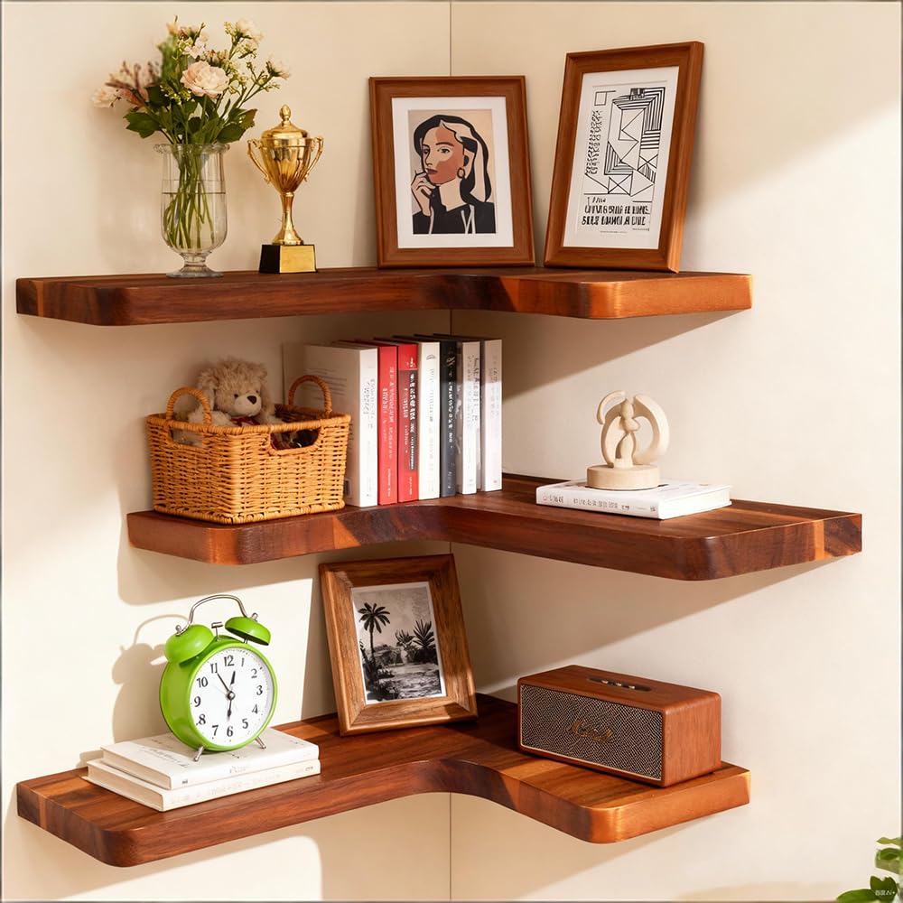 Floating Corner Shelves, Wall Shelf Set of 3, Shelves for Wall Storage, Solid Wood Shelves for Storage, Wall Mount Wooden Display Shelf for Bathroom Bedroom Kitchen Garage (Light 3Pcs)