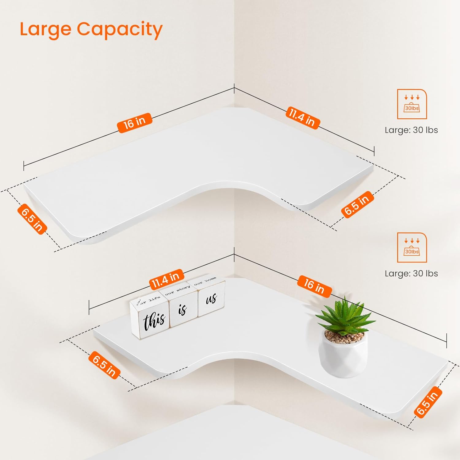 Homode Corner Floating Shelves, Set of 3 Corner Wall Shelves with Wire Hole, L-Shaped Wood Hanging Storage Shelf for Wall Decor, for Bathroom Kitchen Bedroom, White