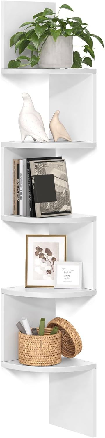VASAGLE Corner Shelf Wall Mount, 5-Tier Floating Corner Bookshelf, Plant Shelf for Bedroom, Living Room, Bathroom, Home Office, Cloud White