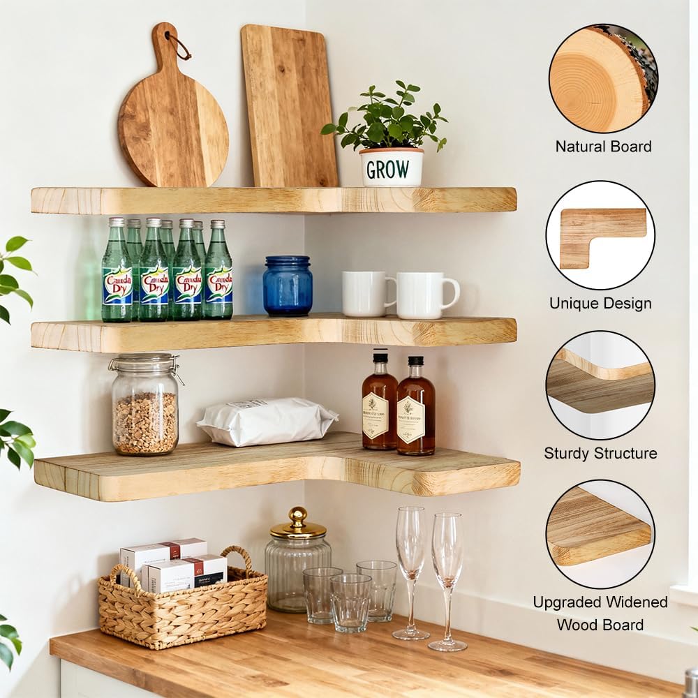 Floating Corner Shelves, Wall Shelf Set of 3, Shelves for Wall Storage, Solid Wood Shelves for Storage, Wall Mount Wooden Display Shelf for Bathroom Bedroom Kitchen Garage (Light 3Pcs)