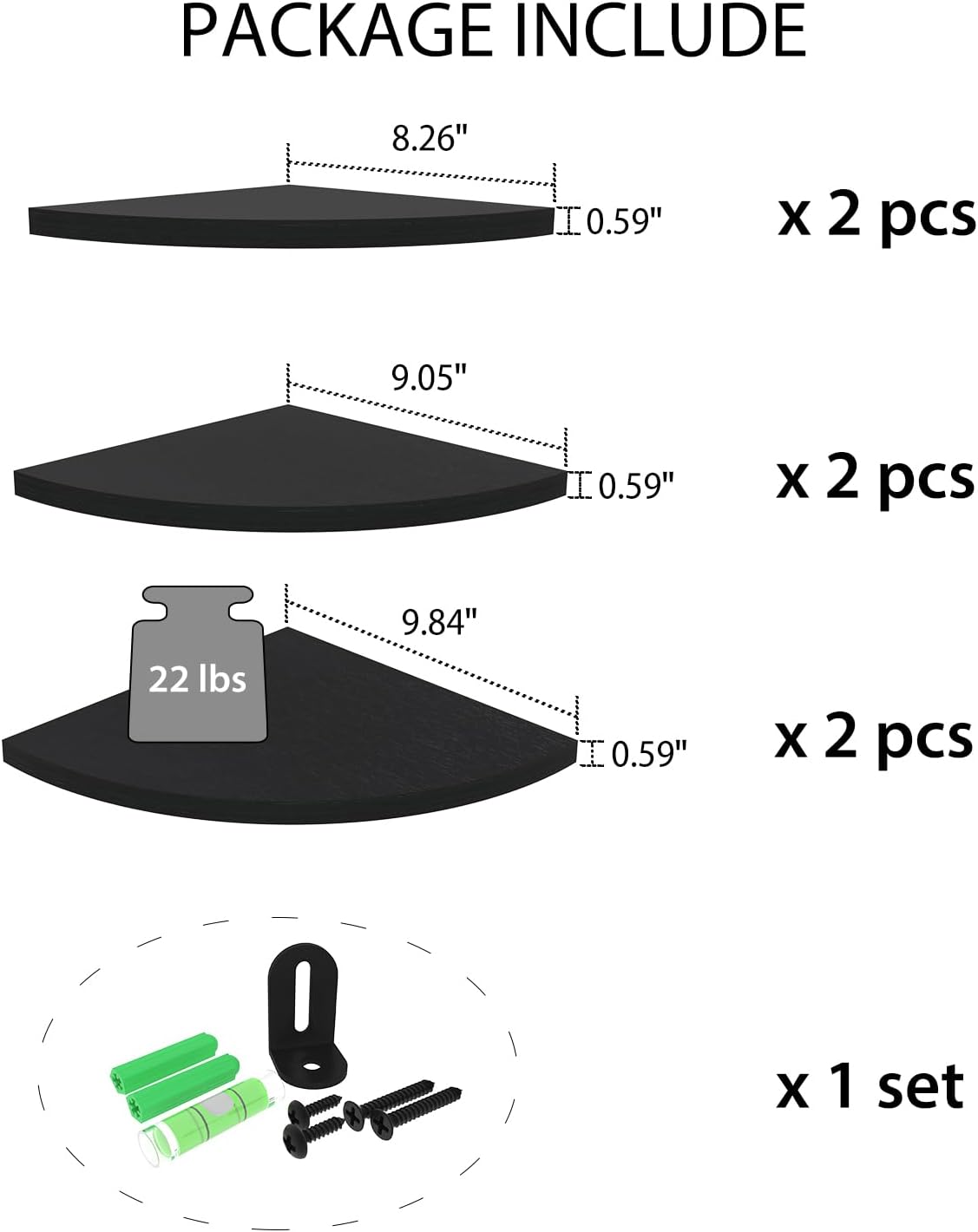 HORLIMER Floating Corner Shelf Wall Mount, Set of 6 Rustic Wood Corner Wall Shelves for Bedroom, Living Room, Bathroom, Kitchen (Black)