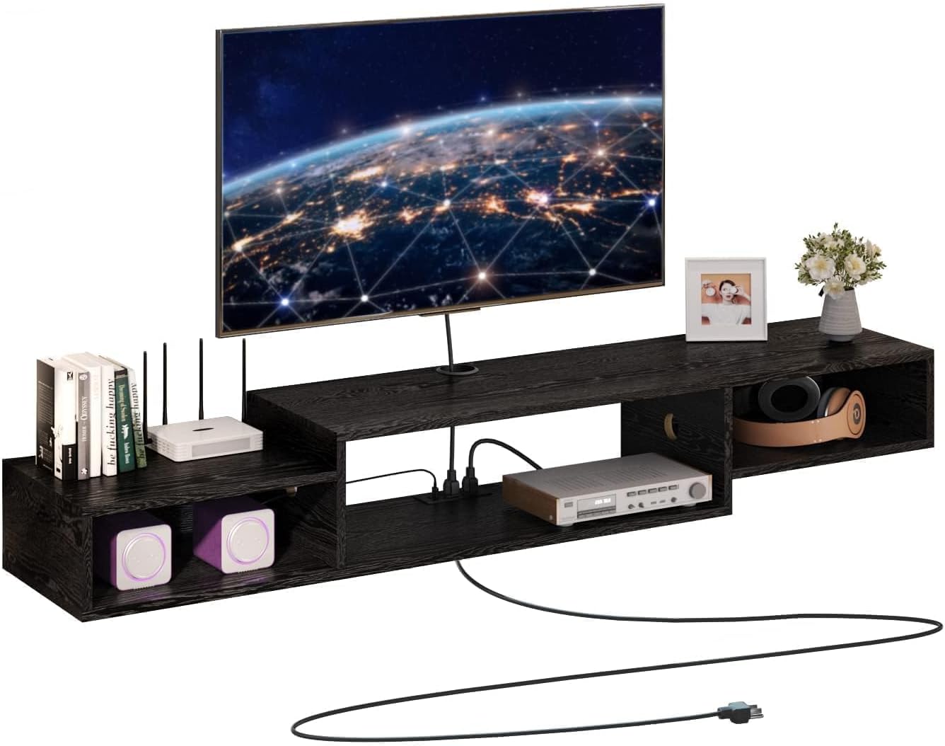 4 EVER WINNER Floating TV Stand with Power Outlet, 59'' Floating TV Shelf with LED Lights and Storage, Floating Entertainment Center Media Console Cabinet for Gaming Box Audio Video, Black