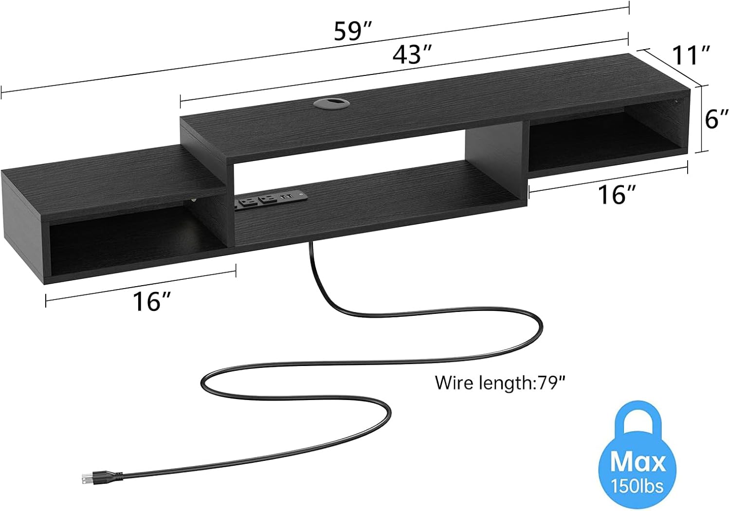 FABATO 59'' Floating TV Stand with LED Light Power Outlet, Floating Shelf for Under TV Wall Mount with Storage Shelf, Media Console Entertainment Center for Living Room, Black