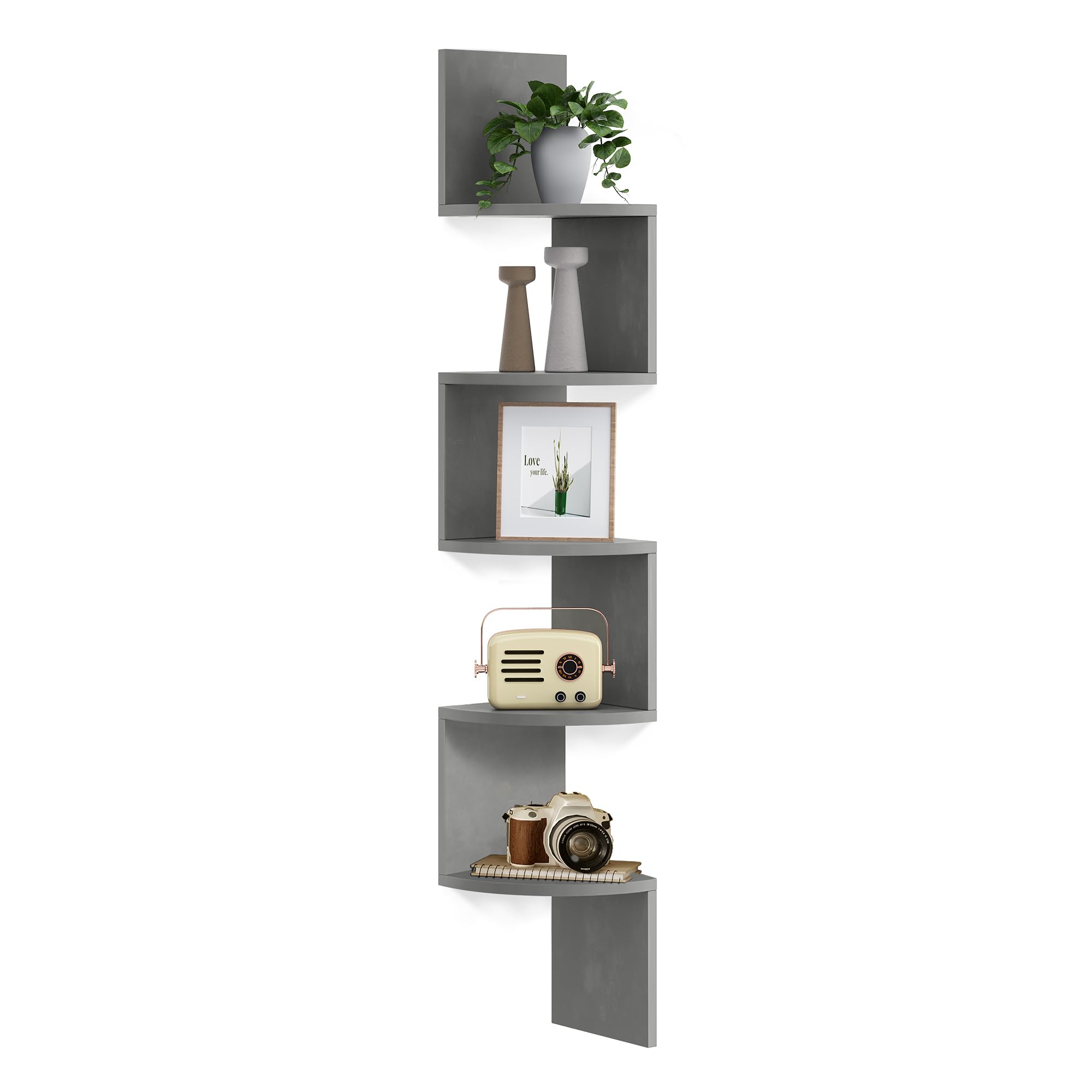 VASAGLE Corner Shelf Wall Mount, 5-Tier Floating Corner Bookshelf, Plant Shelf for Bedroom, Living Room, Bathroom, Home Office, Cloud White