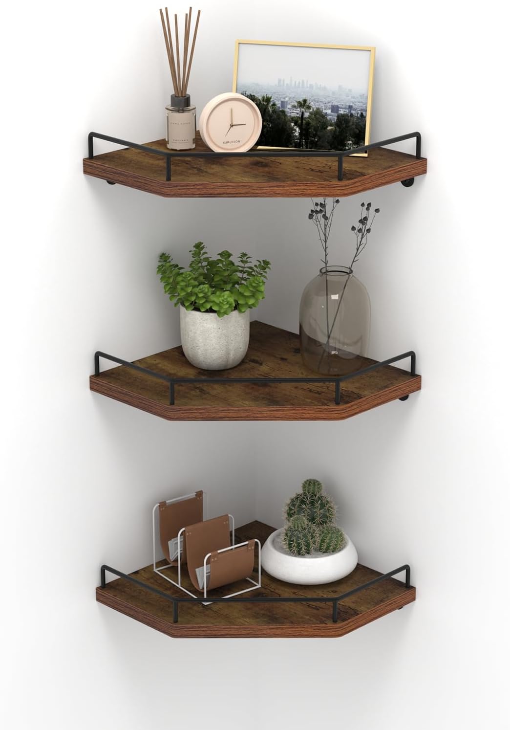 HORLIMER Floating Corner Shelf Wall Mount, 3 Pack Rustic Wood Corner Wall Shelves with Fence for Bedroom, Bathroom, Kitchen, Living Room, Brown