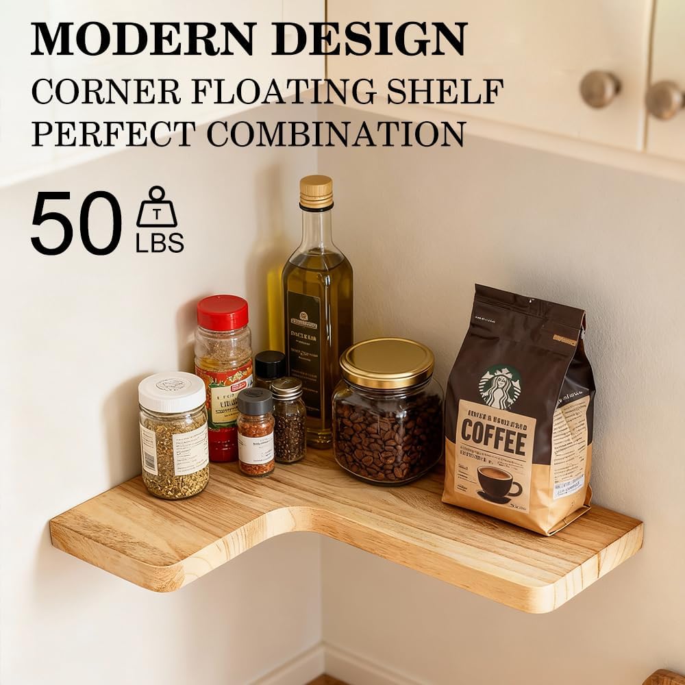 Floating Corner Shelves, Wall Shelf Set of 3, Shelves for Wall Storage, Solid Wood Shelves for Storage, Wall Mount Wooden Display Shelf for Bathroom Bedroom Kitchen Garage (Light 3Pcs)