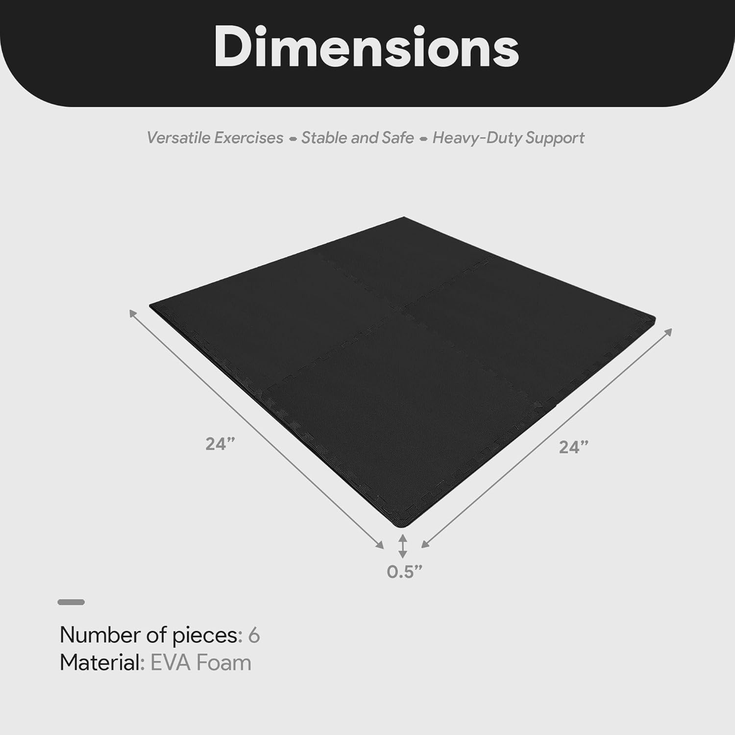 BalanceFrom Puzzle Exercise Mat 1/2' Thick, EVA Interlocking Foam Floor Tiles for Home Gym, Mat for Home Workout Equipment, Floor Padding for Kids, Black, 24 in x 24 in x 1/2 in, 24 Sq Ft - 6 Tiles