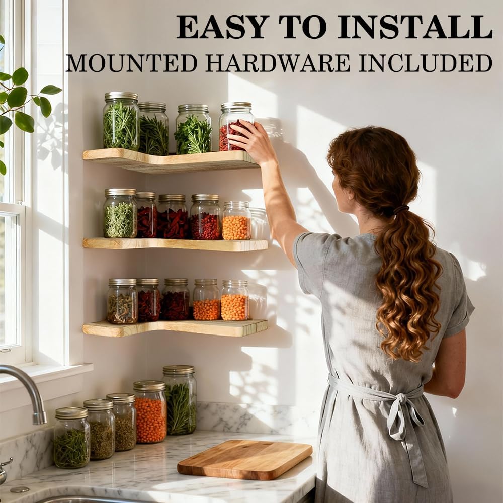 Floating Corner Shelves, Wall Shelf Set of 3, Shelves for Wall Storage, Solid Wood Shelves for Storage, Wall Mount Wooden Display Shelf for Bathroom Bedroom Kitchen Garage (Light 3Pcs)