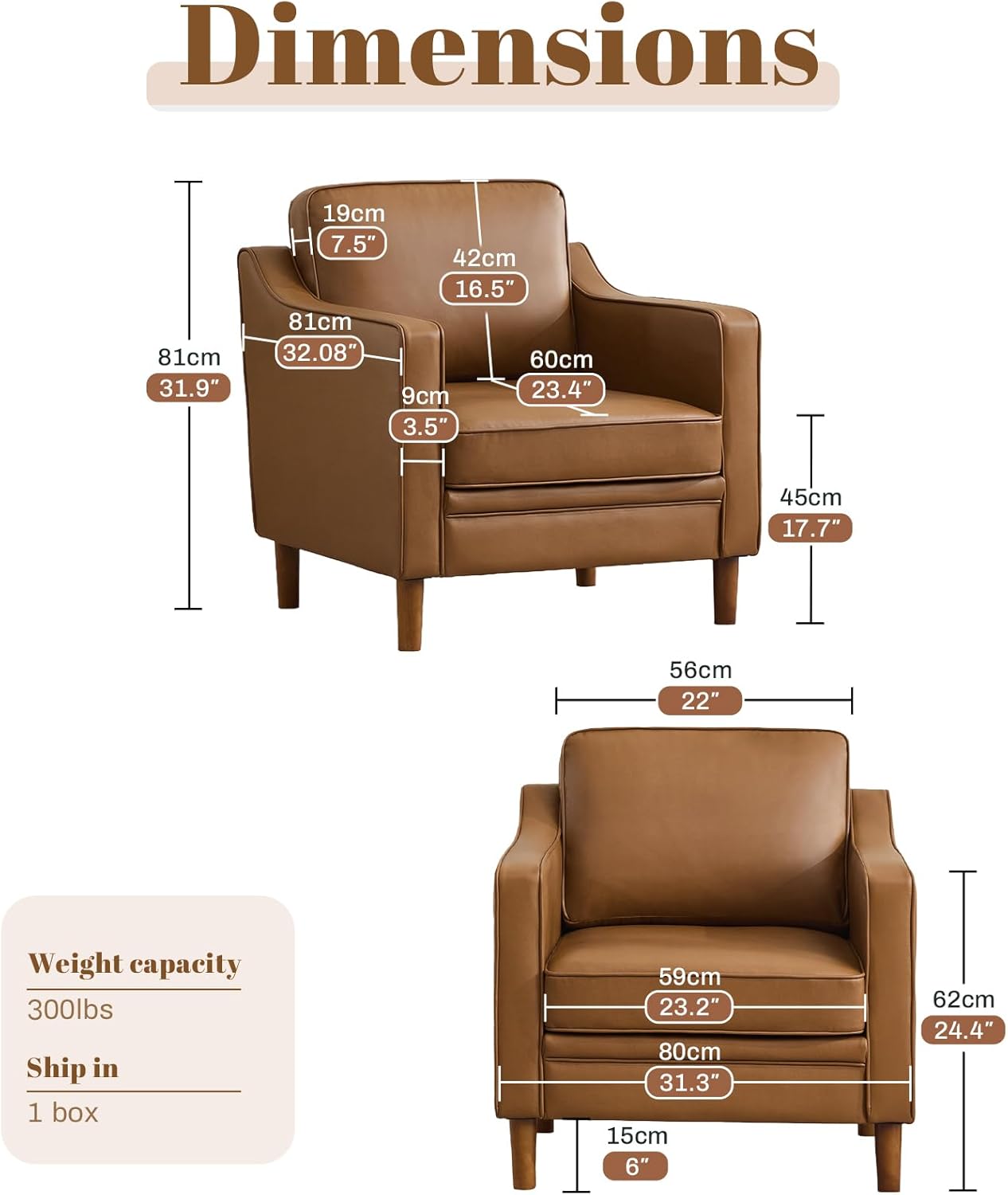 Kingfun Accent Chair Set of 2, Living Room Chairs, Faux Leather Reading Armchair, Mid Century with Solid Wood Foot, Upholstered Modern Decor for Bedroom, Apartment, Brown