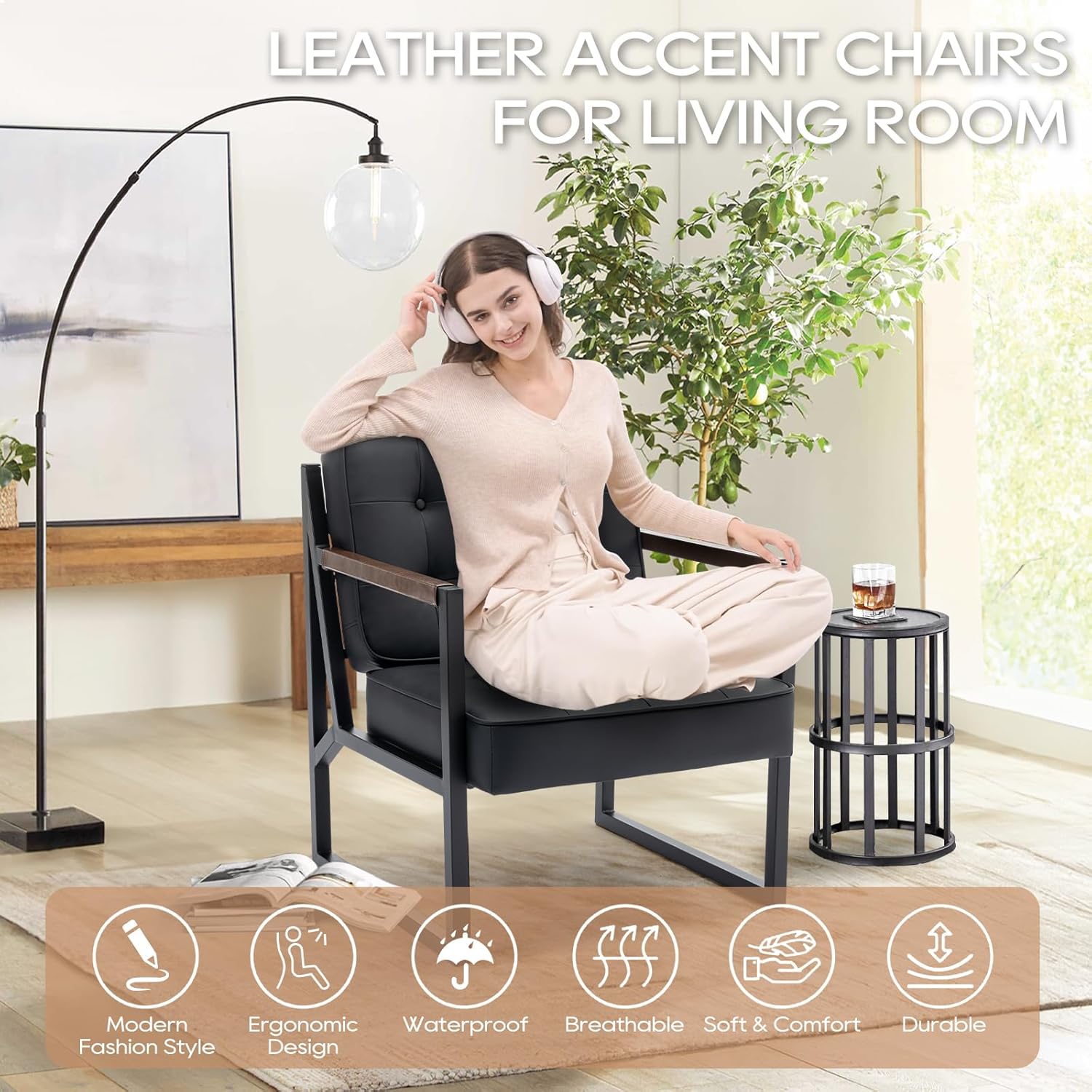COLAMY Mid Century Modern Accent Chair Set of 2, Comfy Living Room Chair, Black Leather Accent Chair, Faux Leather Reception Armchair with Metal Legs for Living Room Bedroom Reception Office, Black