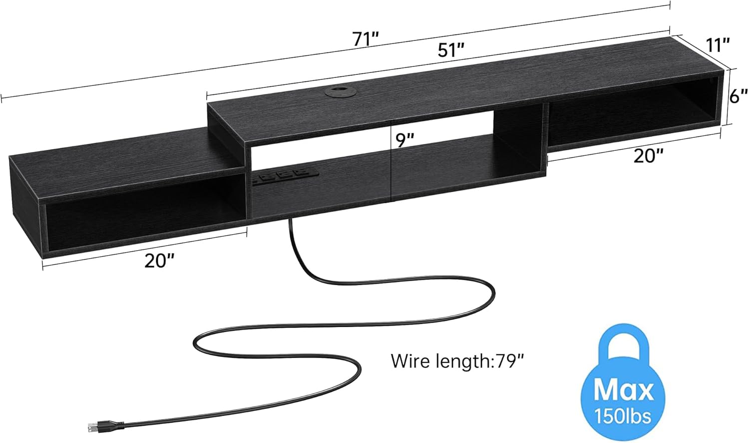 FABATO 71'' Floating TV Stand with LED Light Power Outlet, Floating Shelf for Under TV Wall Mount with Storage Shelf, Media Console Entertainment Center for Living Room, Black