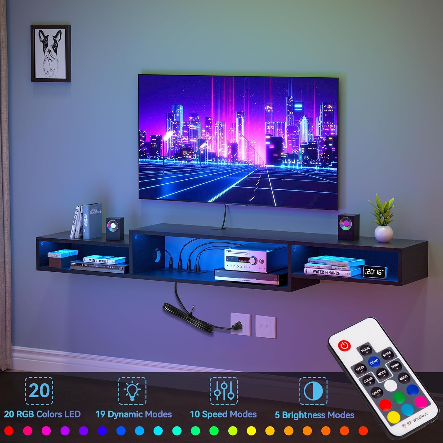 FABATO 71'' Floating TV Stand with LED Light Power Outlet, Floating Shelf for Under TV Wall Mount with Storage Shelf, Media Console Entertainment Center for Living Room, Black