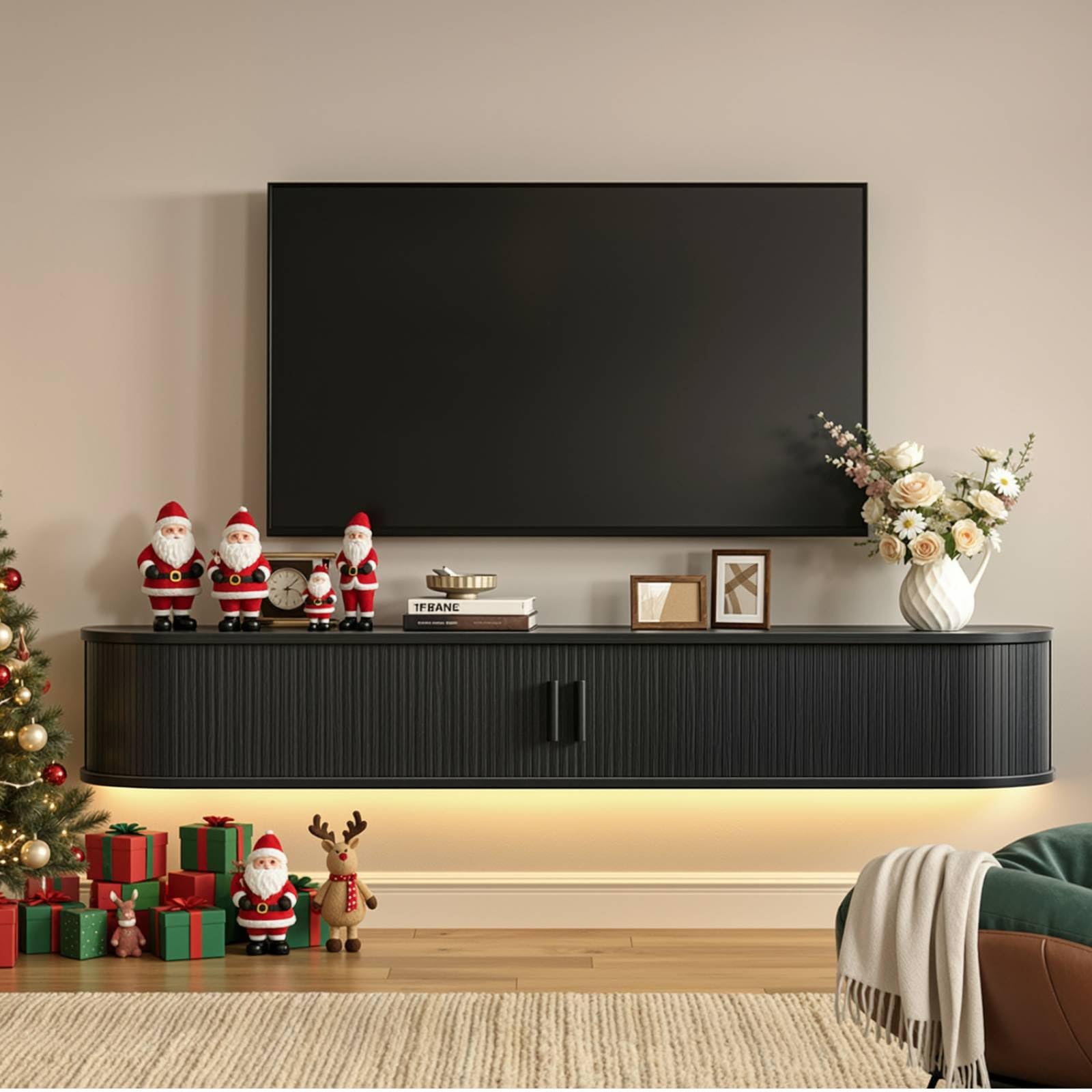 71" Floating TV Stand with Power Outlet for TVs up to 80", Fluted Entertainment Center with Remote Control for LED Lights, Mid-Century Modern TV Console w/Sliding Door for Living Room, Bedroom Walnut
