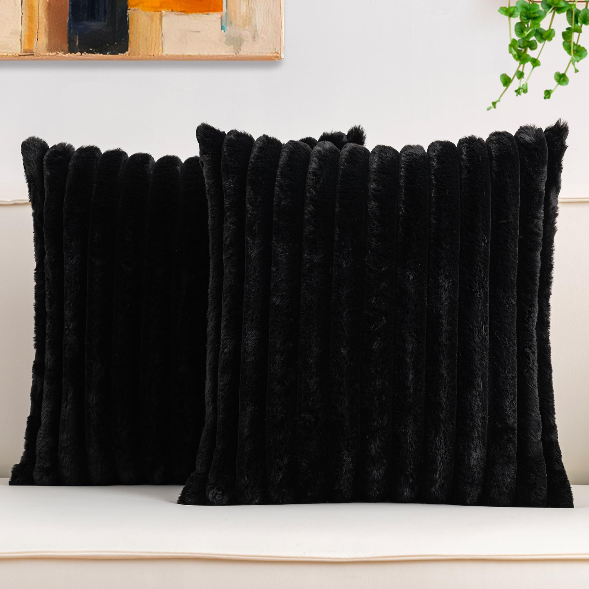 Aegero Pack of 2 Faux Fur Christmas Throw Pillow Covers 18x18 Inch, Soft Plush Striped Neutral Couch Pillow Cover, with Velvet Back Modern Home Decor for Sofa Living Room Couch Bed Cream White