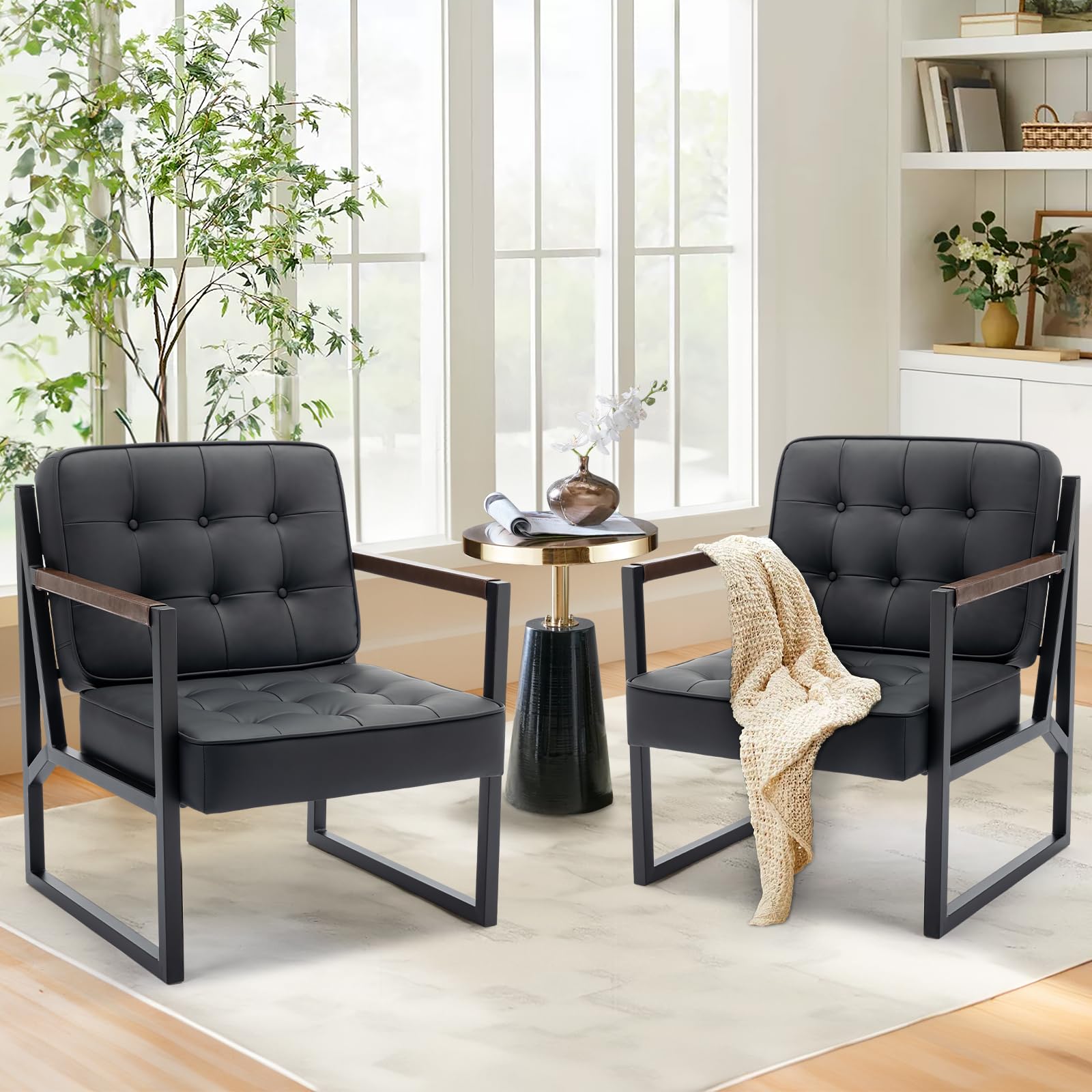 COLAMY Mid Century Modern Accent Chair Set of 2, Comfy Living Room Chair, Black Leather Accent Chair, Faux Leather Reception Armchair with Metal Legs for Living Room Bedroom Reception Office, Black