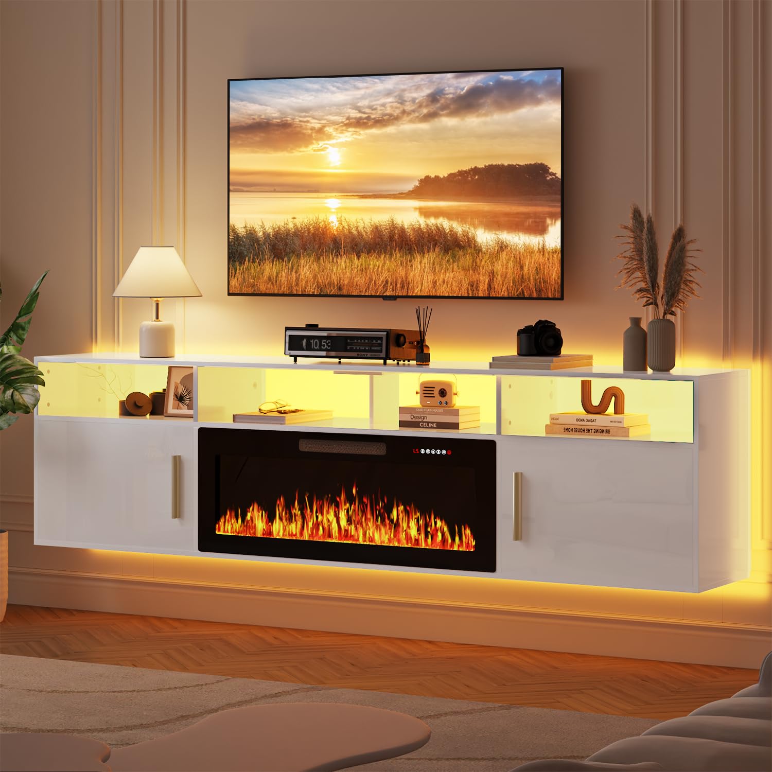 LEMBERI 70" Floating TV Stand with 36" Electric Fireplace, Wall Mounted Fireplace LED Light Entertainment Center with Storage, Fire Place TV Console with Highlight Cabinet for Living Room (Black)