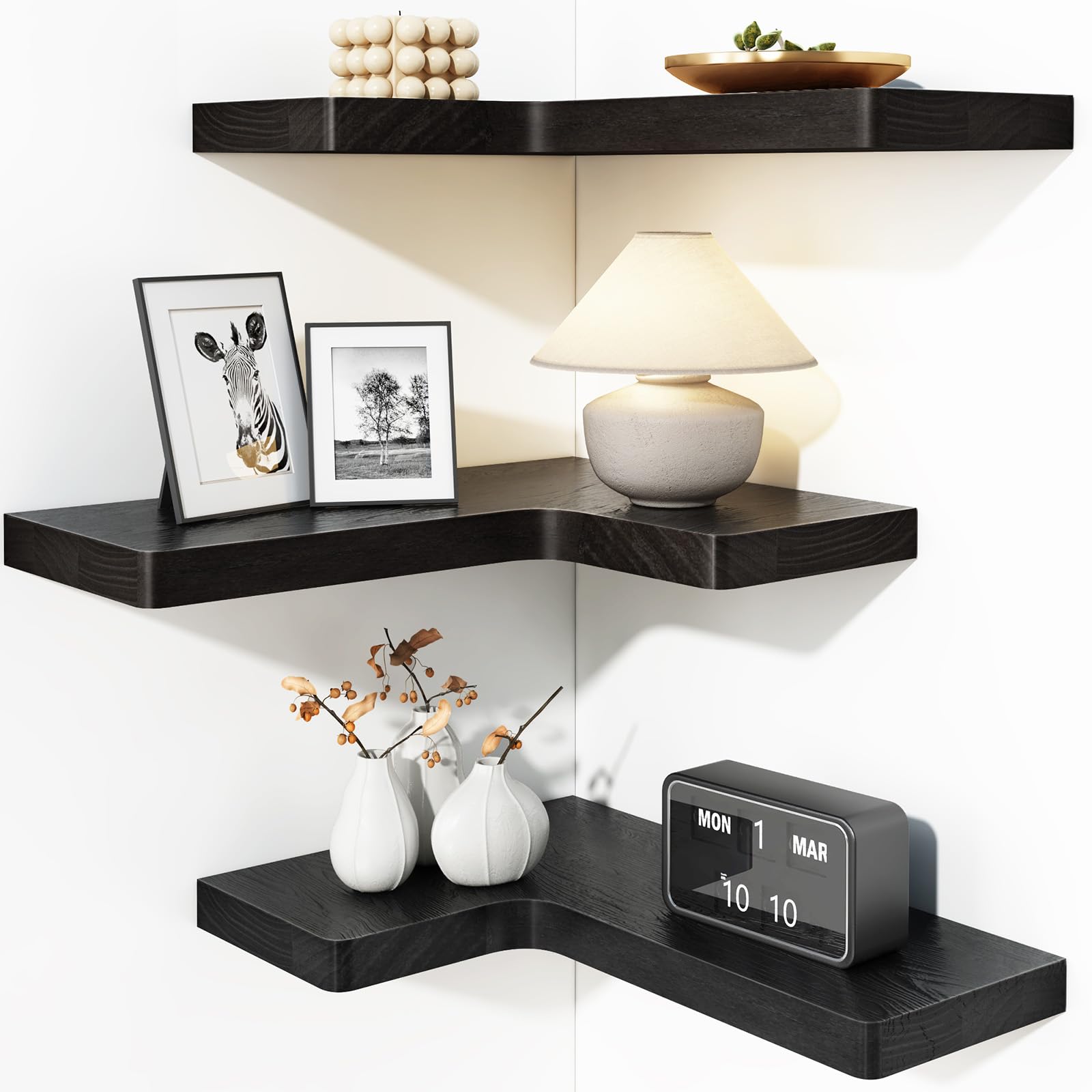 Fixwal Corner Floating Shelves for Wall Mounted Natural Solid Wood 16"x11.4" Farmhouse Home Decor Display Shelving Set of 3 (Rustic Brown)