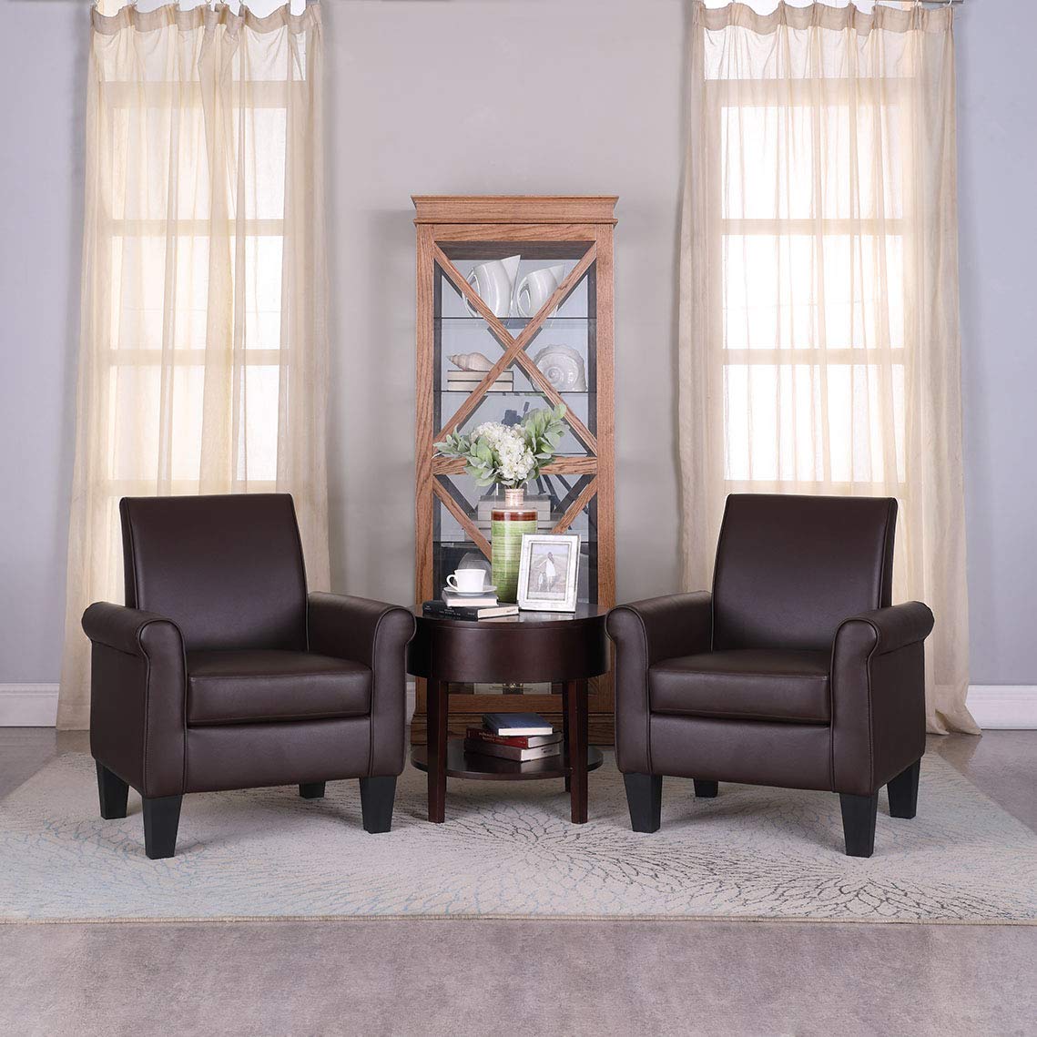 Lohoms Faux Leather Accent Chair Set of 2, Mid Century Modern Living Room Chair, Upholstered Comfortable PU Leather Armchair for Bedroom, Office or Waiting Areas-Black