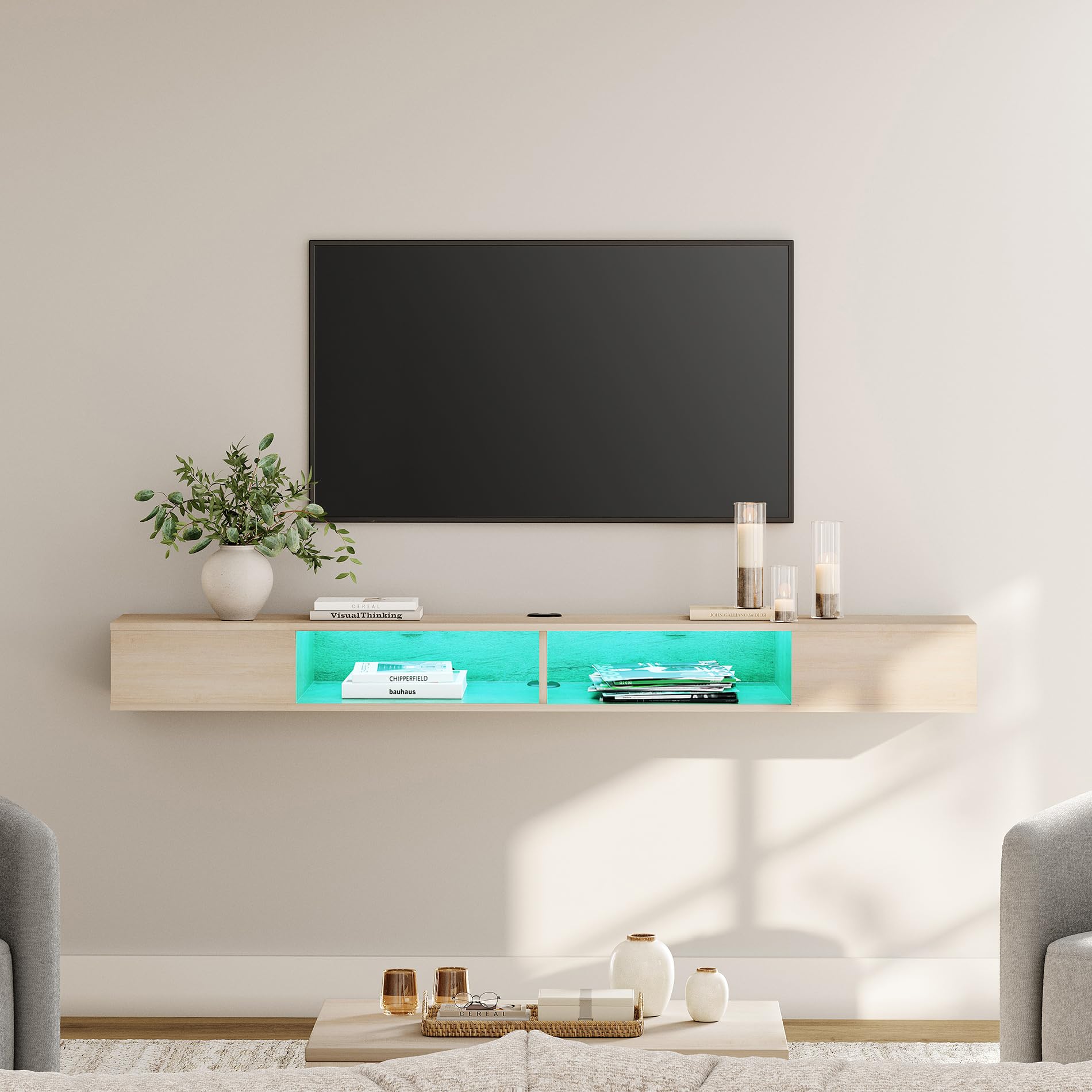 WAMPAT Floating Entertainment Center for 80 Inch TV,TV Stand Wall Mounted with LED Light, Floating TV Shelf Under TV for Living Room, Bedroom, Black