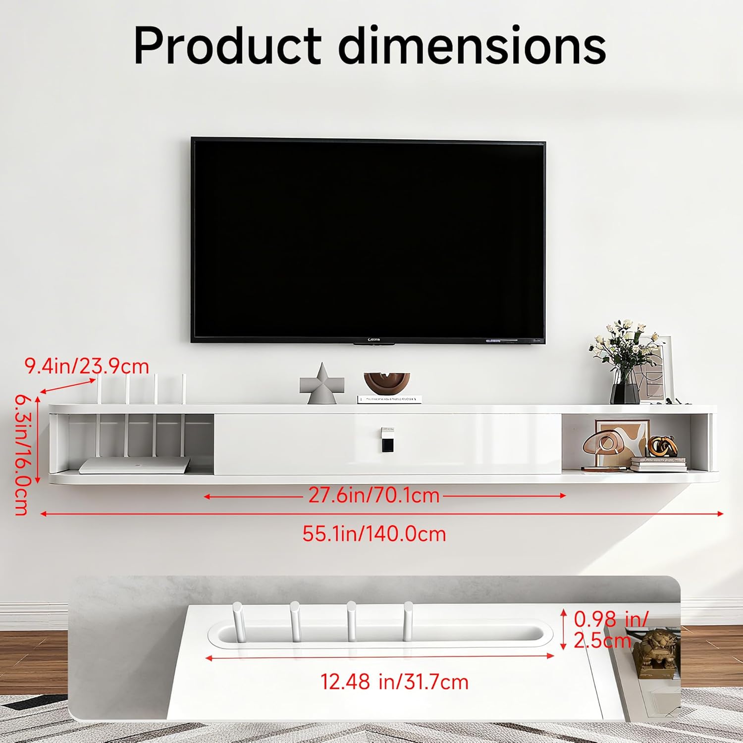 Real Relax 55.1" Floating TV Stand with Led Lights, High Gloss Modern Entertainment Center Media Console with Storage, 55.1 inch Wall Mounted TV Shelf for 55/65 inch TV, White