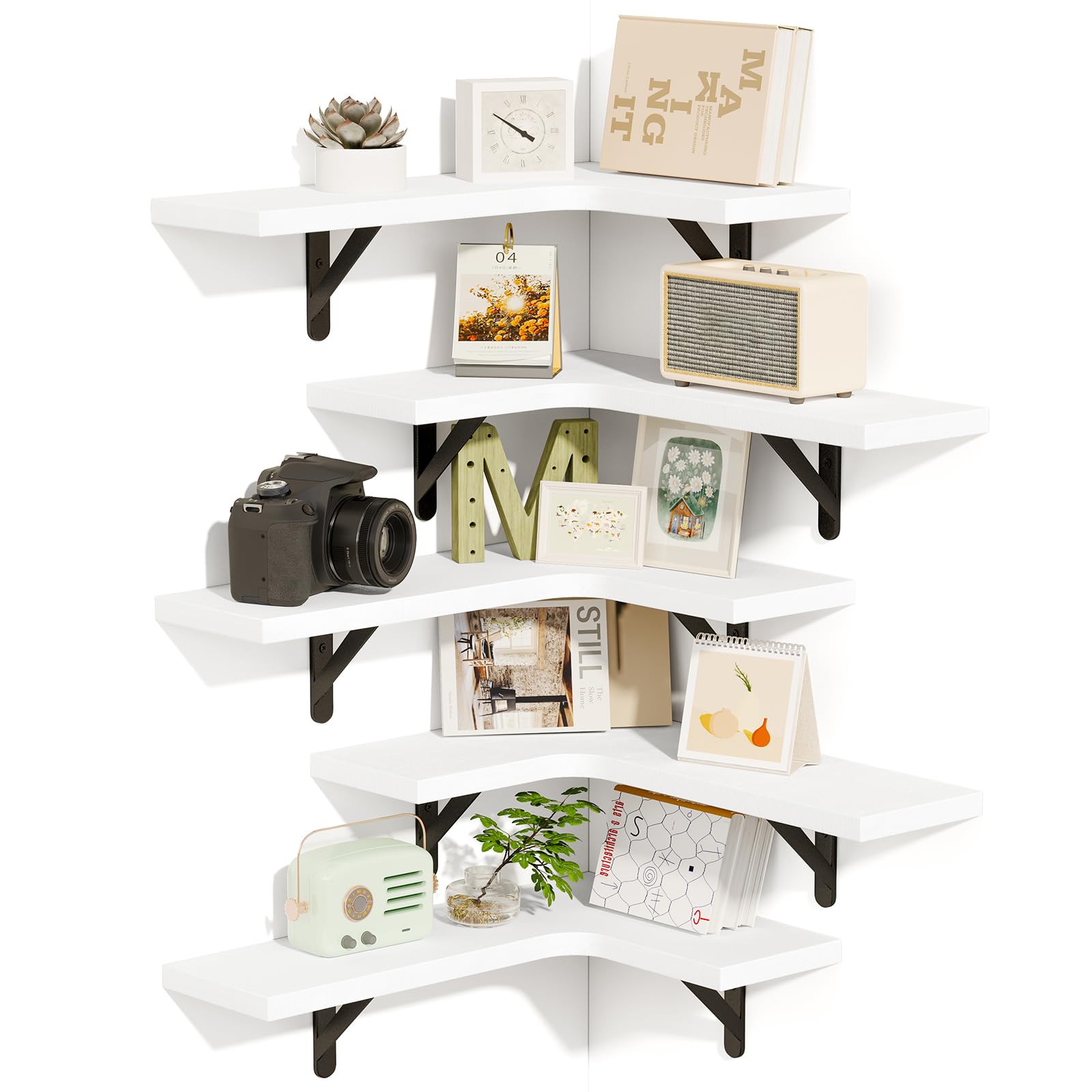 Fixwal Floating Shelves for Wall, Rustic Wood Wall Mounted Corner Shelf for Bathroom, Kitchen, Bedroom, Home Decor, Laundry Room, Living Room, Set of 5 (Carbonized Black)