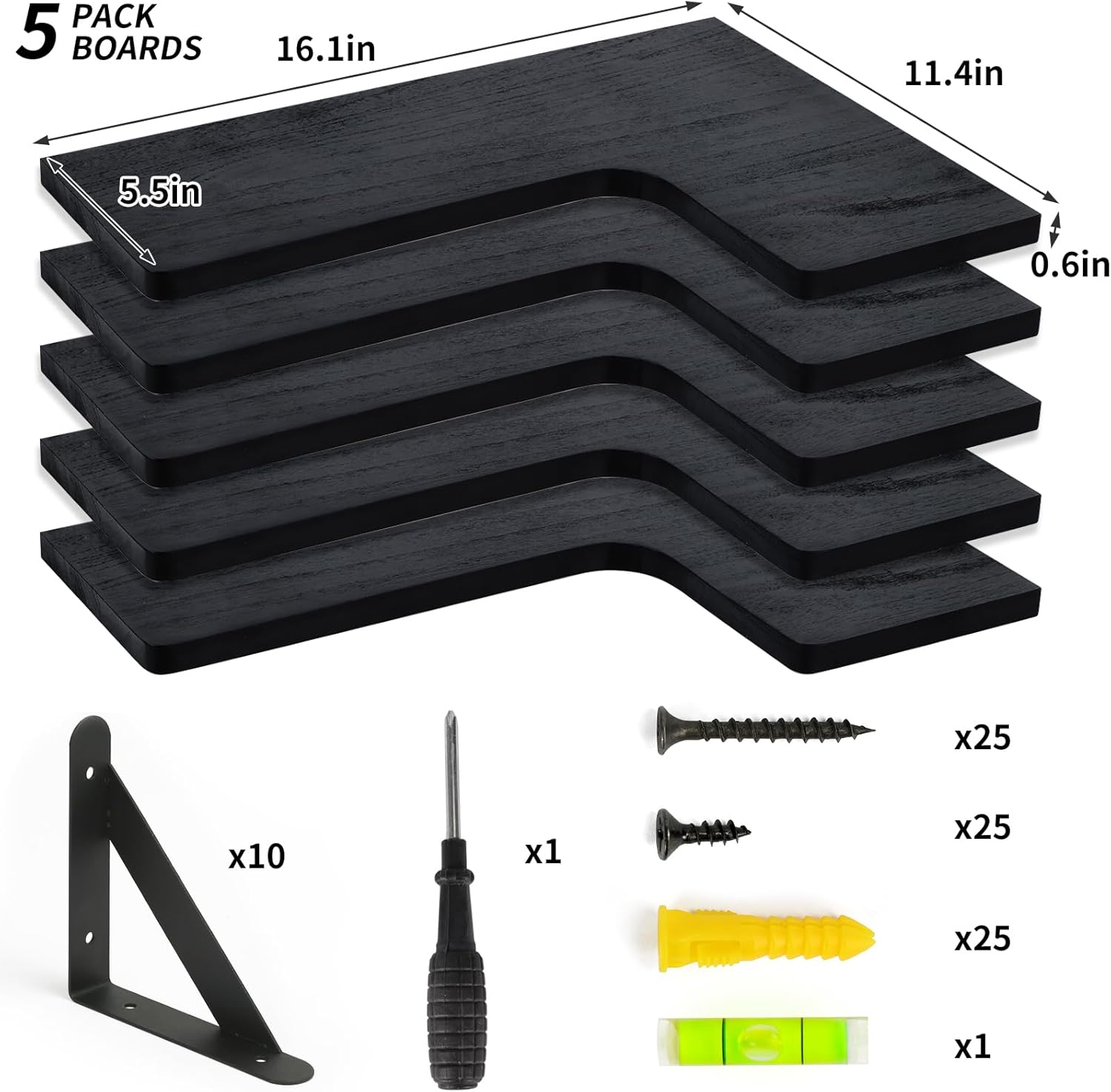 Fixwal Corner Shelves Floating Shelves for Wall Bathroom Kitchen Bedroom Home Decor Laundry Room Living Room Set of 5 (Black)