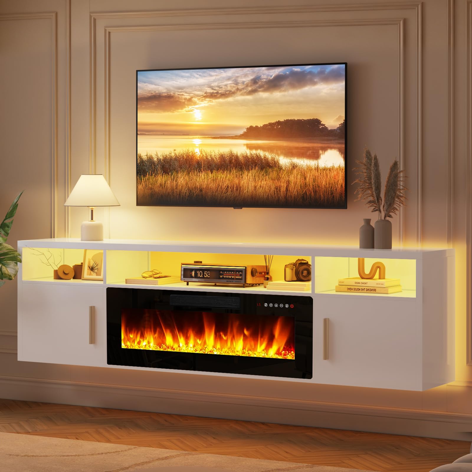 LEMBERI 70" Floating TV Stand with 36" Electric Fireplace, Wall Mounted Fireplace LED Light Entertainment Center with Storage, Fire Place TV Console with Highlight Cabinet for Living Room (Black)