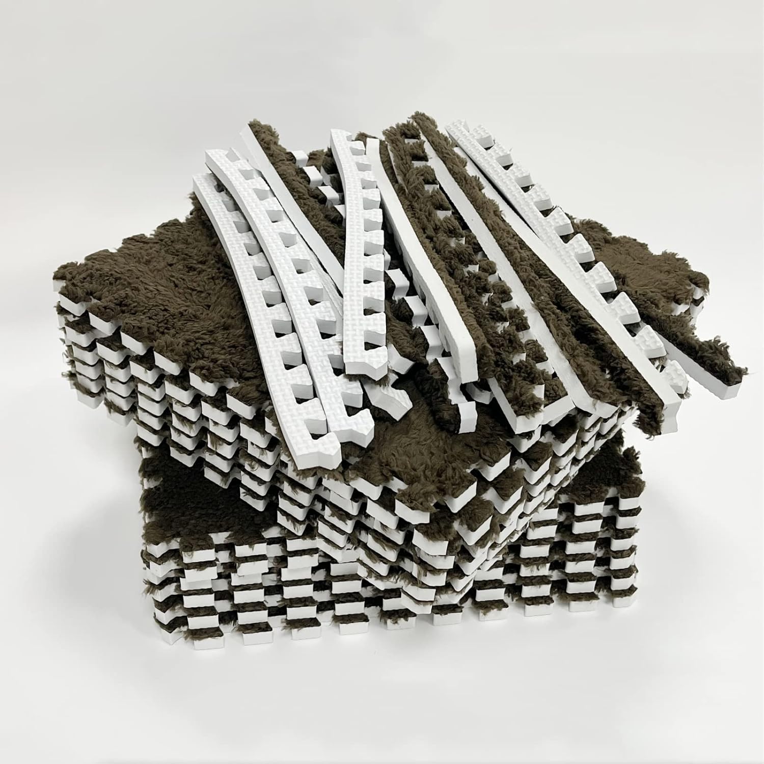 smabee Interlocking Carpet Shaggy Soft EVA Foam Mats Fluffy Area Rugs Protective Floor Tiles Exercise Play Mat for Children Kids Room Home Parlor Bedroom (12 Pcs, Brown)