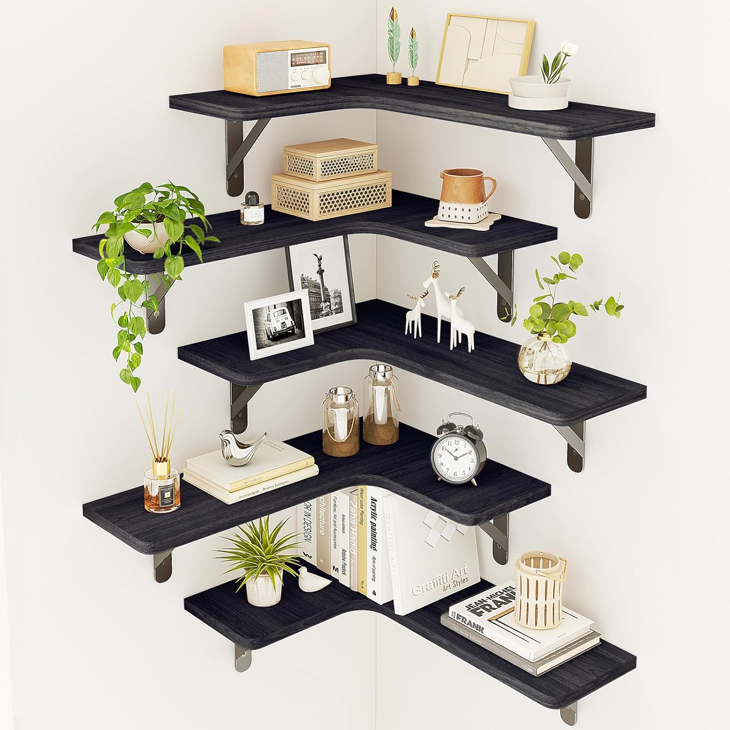 Fixwal Corner Shelves Floating Shelves for Wall Bathroom Kitchen Bedroom Home Decor Laundry Room Living Room Set of 5 (Black)