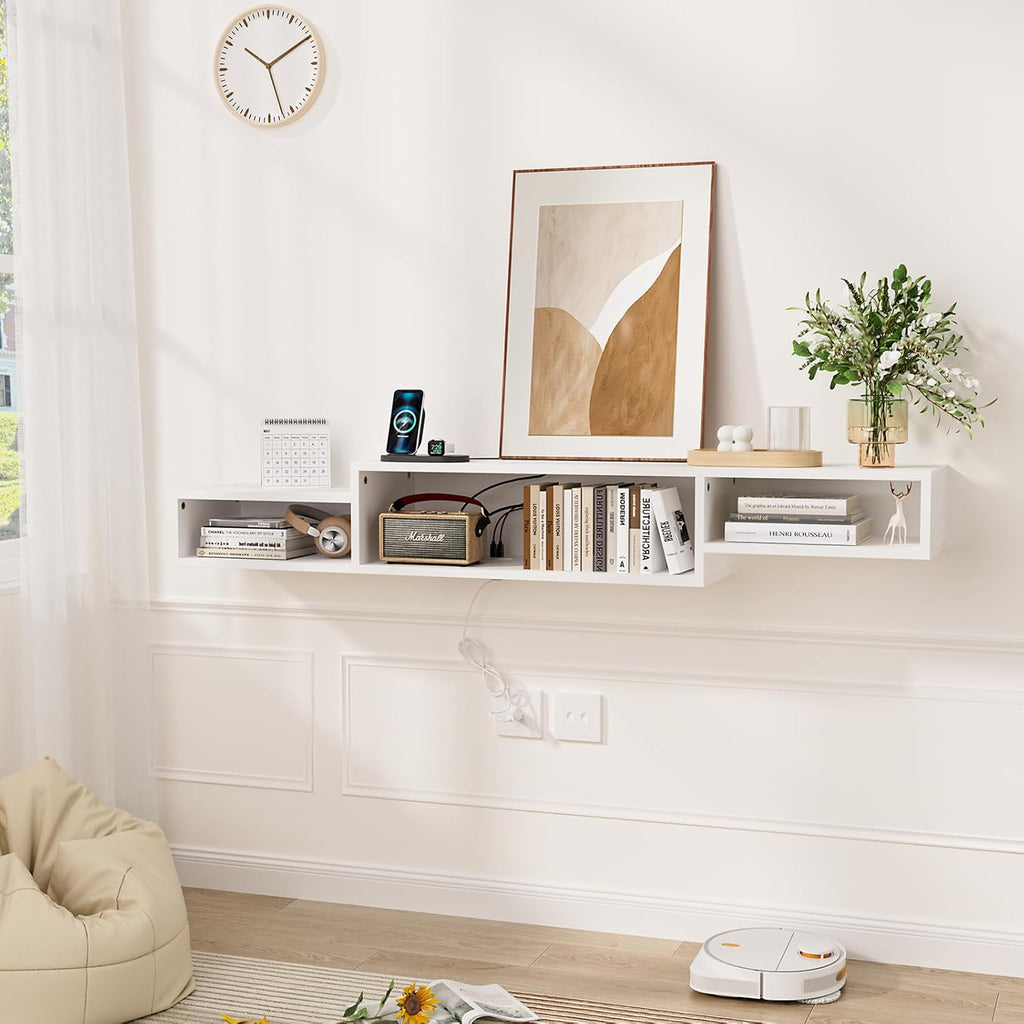 FABATO 59'' Floating TV Stand with LED Light Power Outlet, Floating Shelf for Under TV Wall Mount with Storage Shelf, Media Console Entertainment Center for Living Room, White