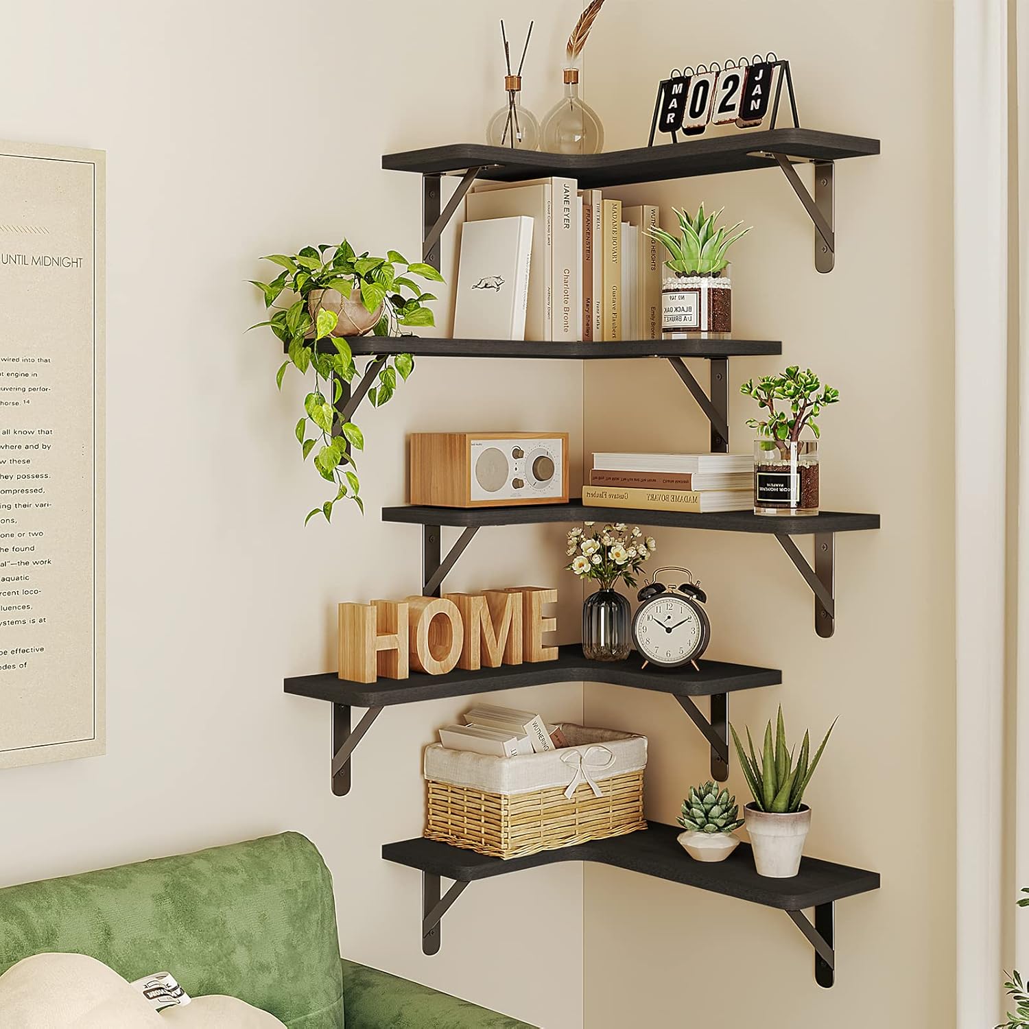 Fixwal Corner Shelves Floating Shelves for Wall Bathroom Kitchen Bedroom Home Decor Laundry Room Living Room Set of 5 (Black)