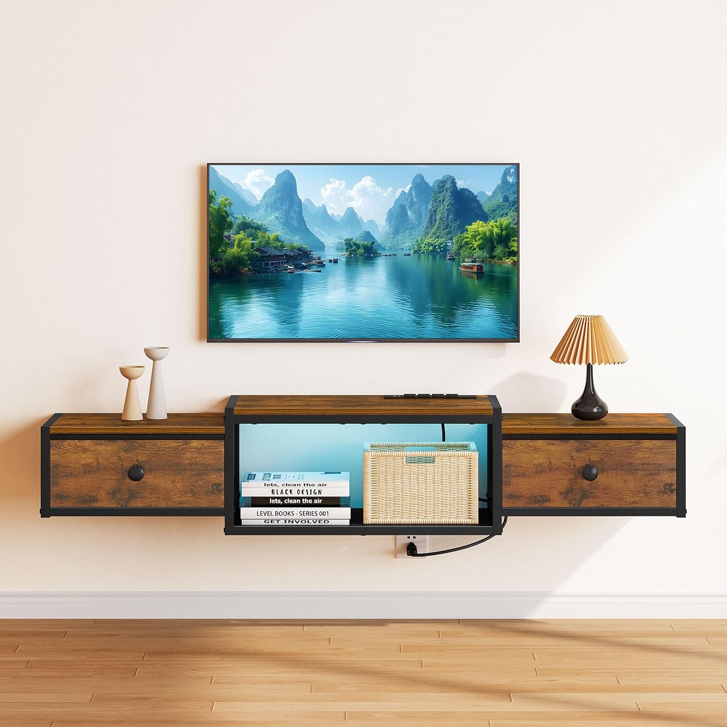 Snughome Floating TV Stand with Power Outlet 55", Wall Mounted Entertainment Center with LED Lights, Floating TV Shelf with Drawer, Wall Mounted Media Console Shelf for Living Room, Bedroom