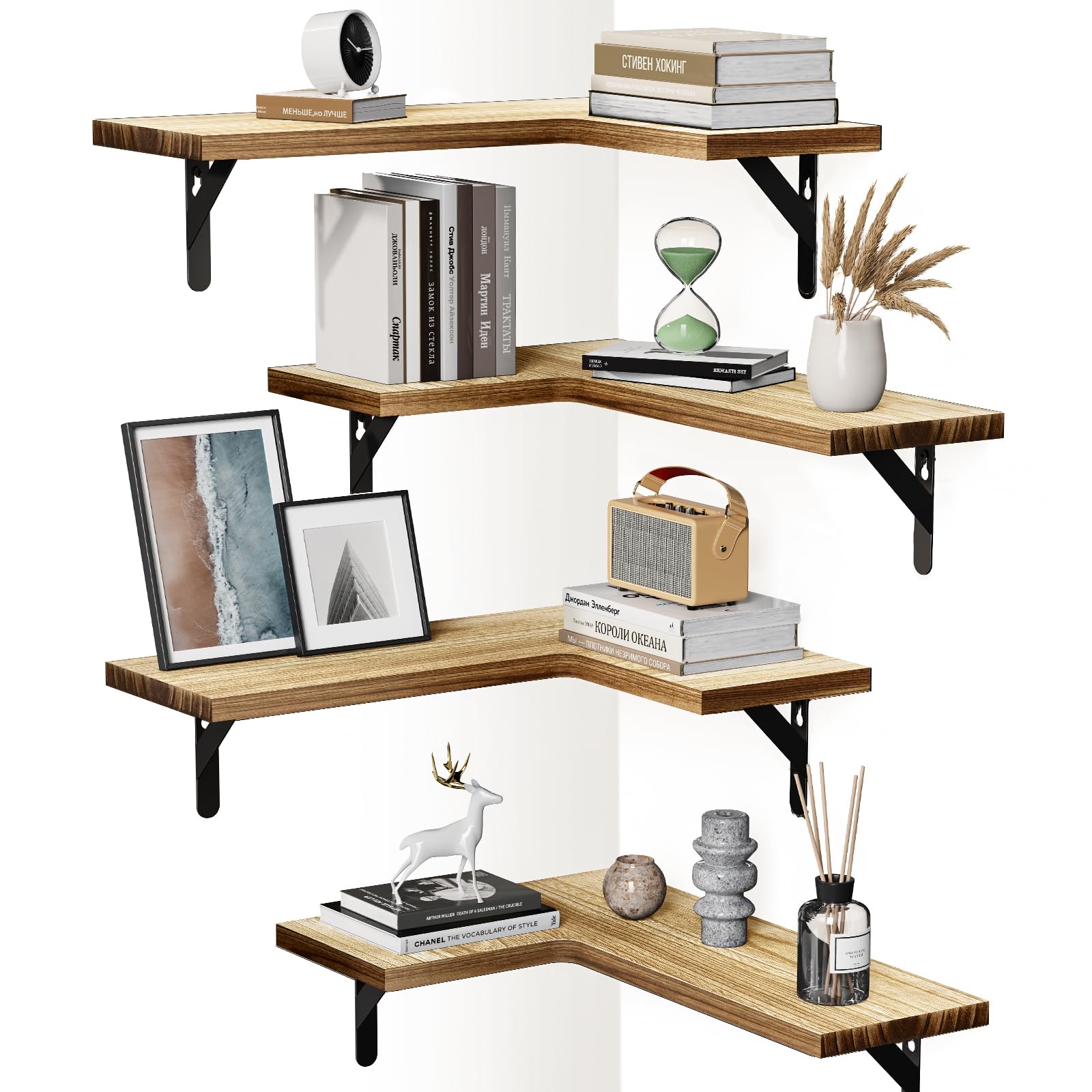 Amada HOMEFURNISHING Corner Floating Shelves, Set of 4 Corner Wall Shelves, Shelves for Wall Decor, Corner Wood Shelves for Home Decor, Office, Bedroom, Bathroom, Laundry Room, Kitchen, Brown